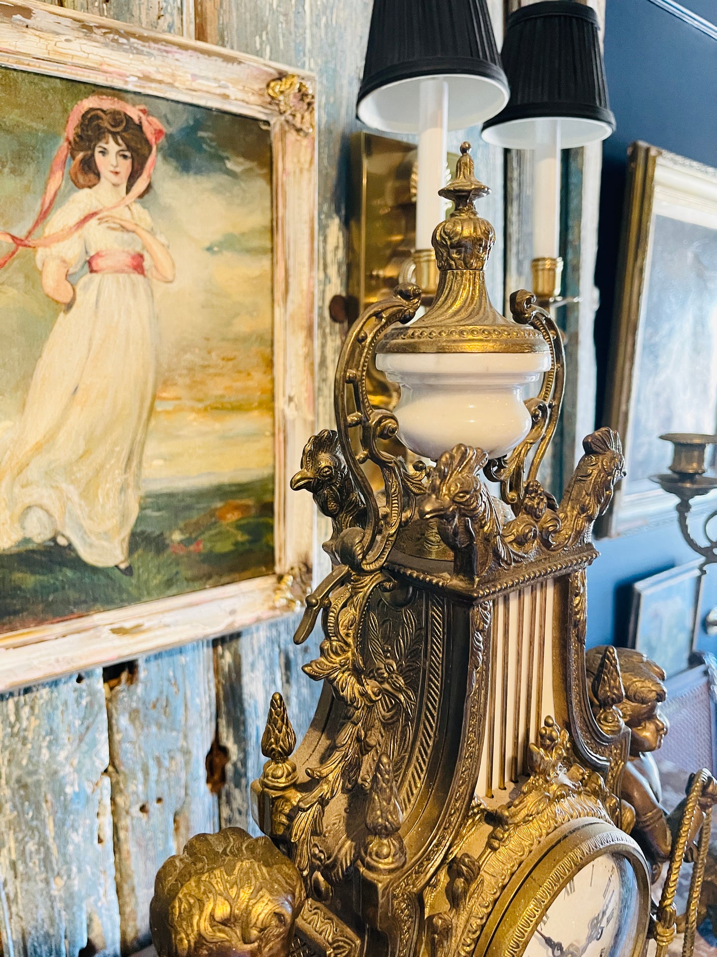 Italian Bronze & Marble Candelabra Clock Garniture Set, Putti & Neoclassical Cherub Motifs, Gilded Age Grandeur