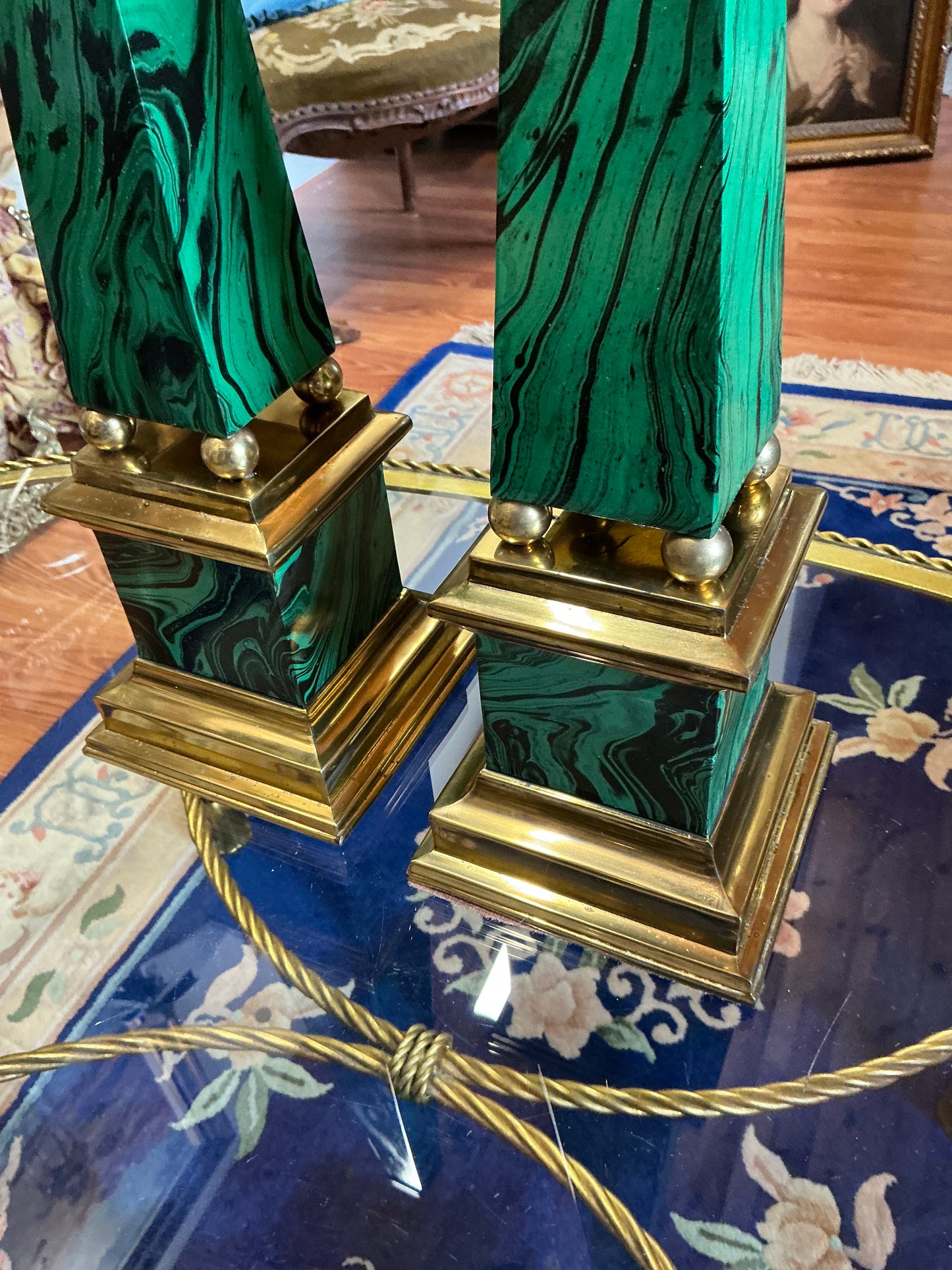 Vintage Faux Malachite and Brass Obelisks Pair