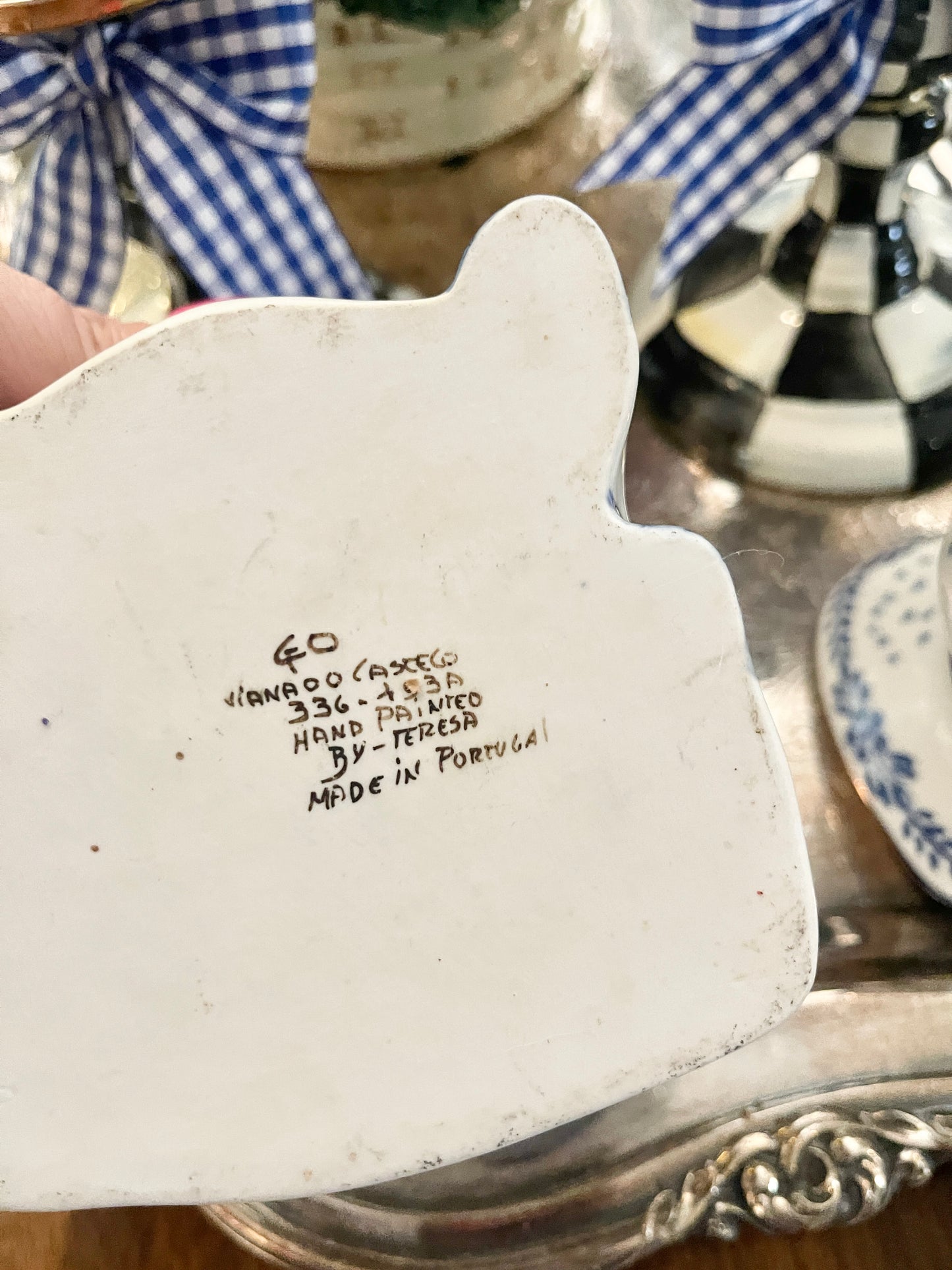 Blue and White Cat with Bow Tie Lidded Dish, Made in Portugal