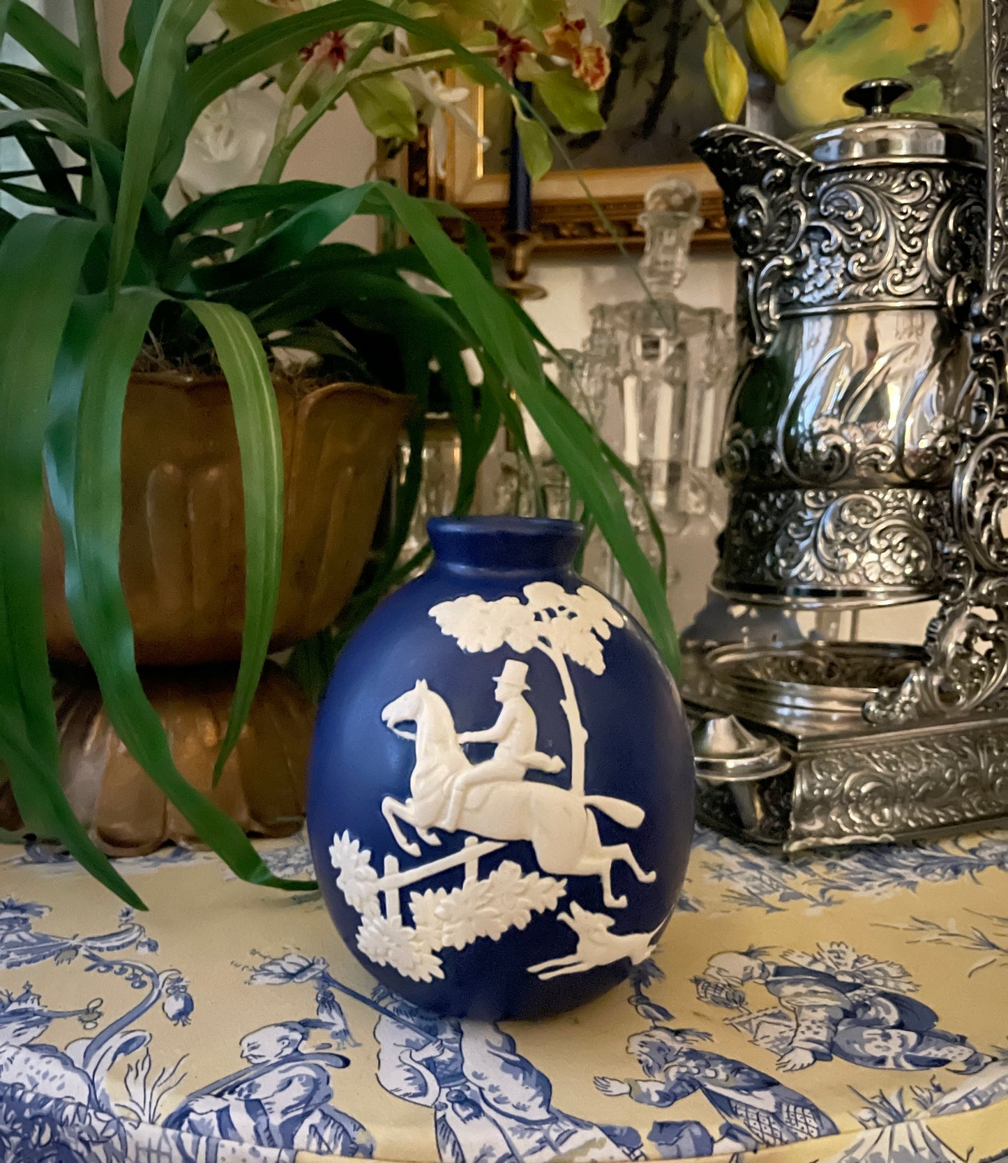 Vintage Weller Pottery Equestrian Vase, Blue and White, Marked