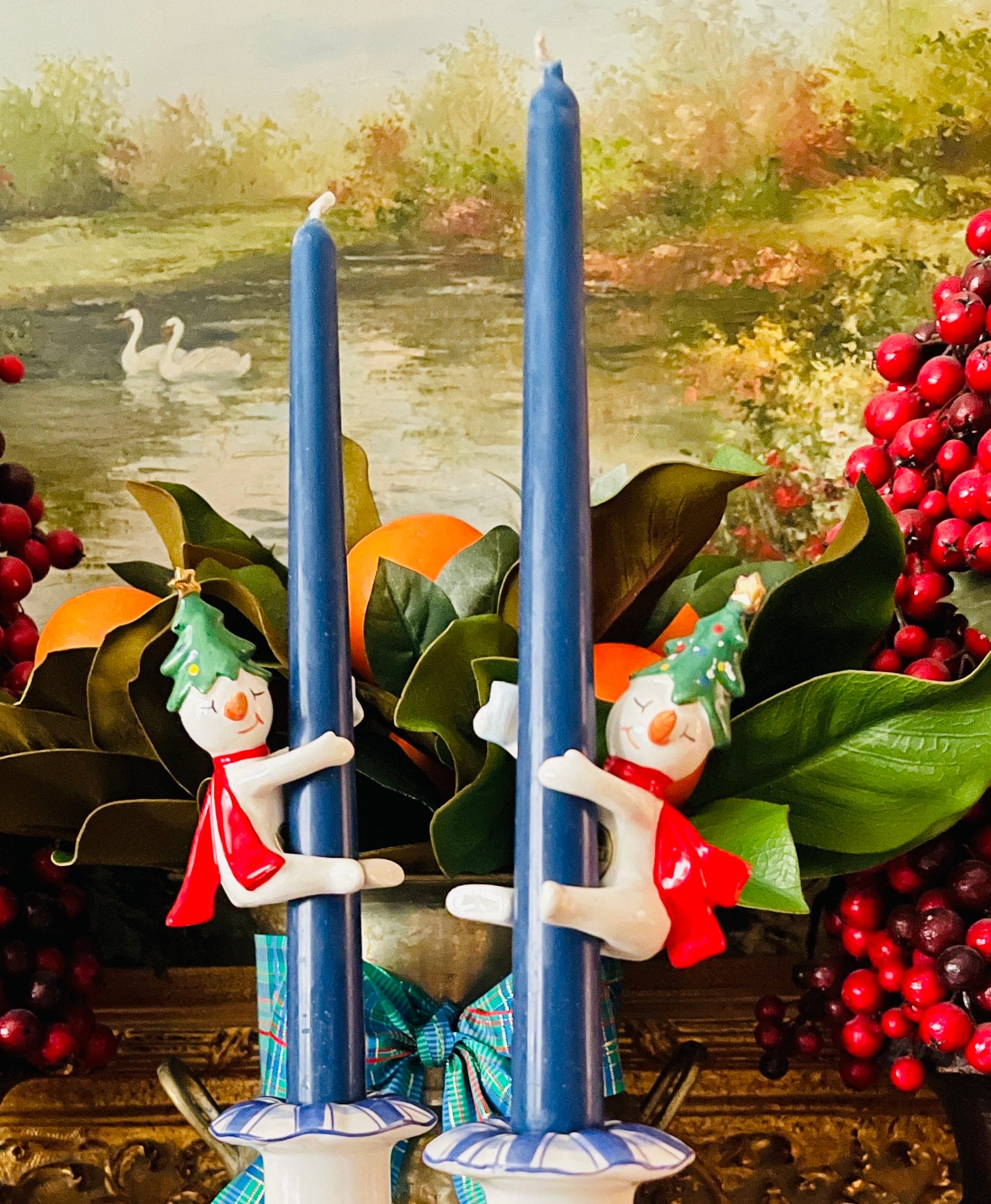 Mid Century 1958 Holt Howard Snowman Candle Hugger Pair, Made in Japan Hand Painted Porcelain, Holiday Estate Decor