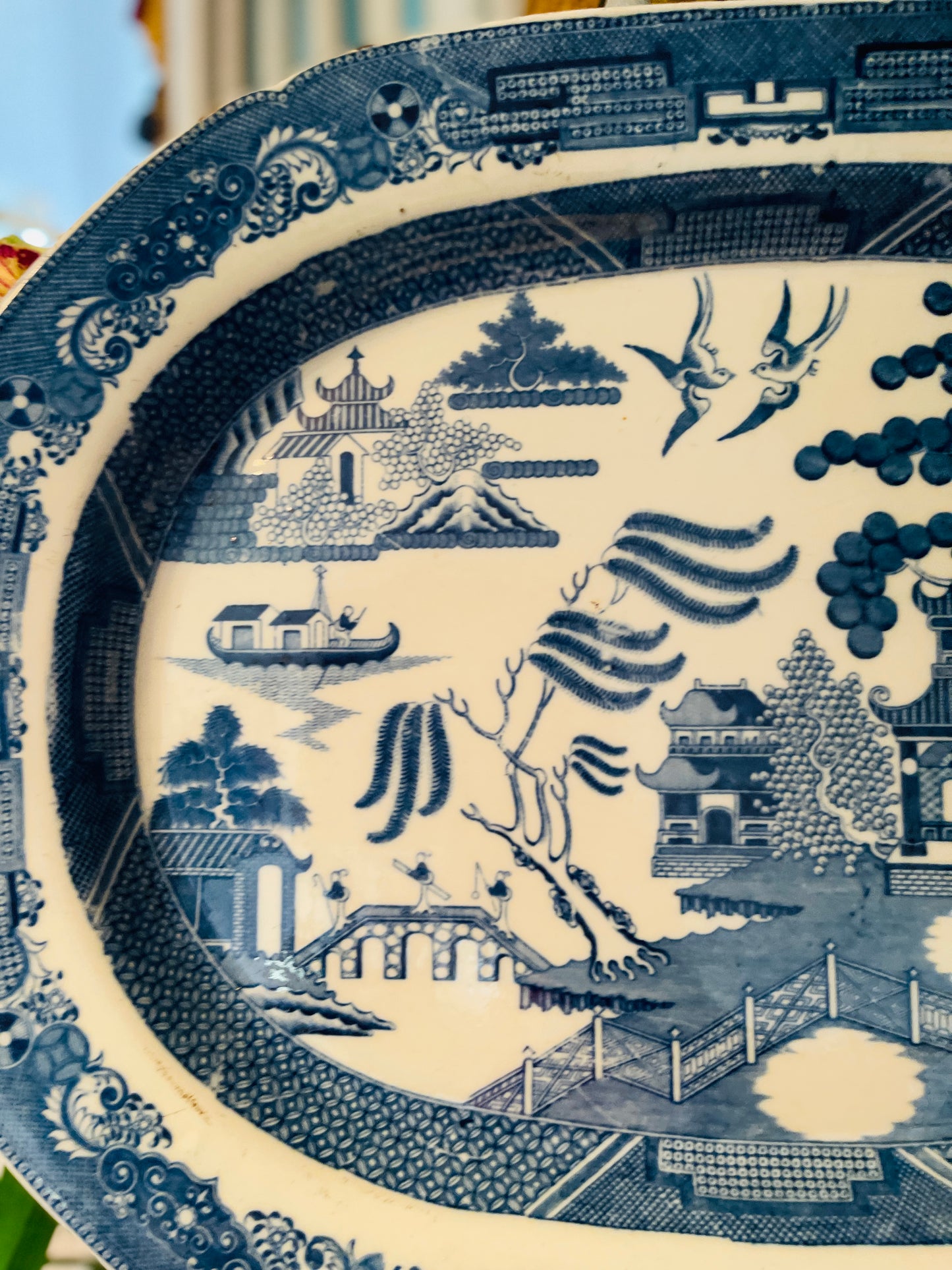 Antique English Blue Willow Platter – 20” Deep Cobalt Transferware Dish | Vintage Octagonal Serving Plate | Willow Pattern China
