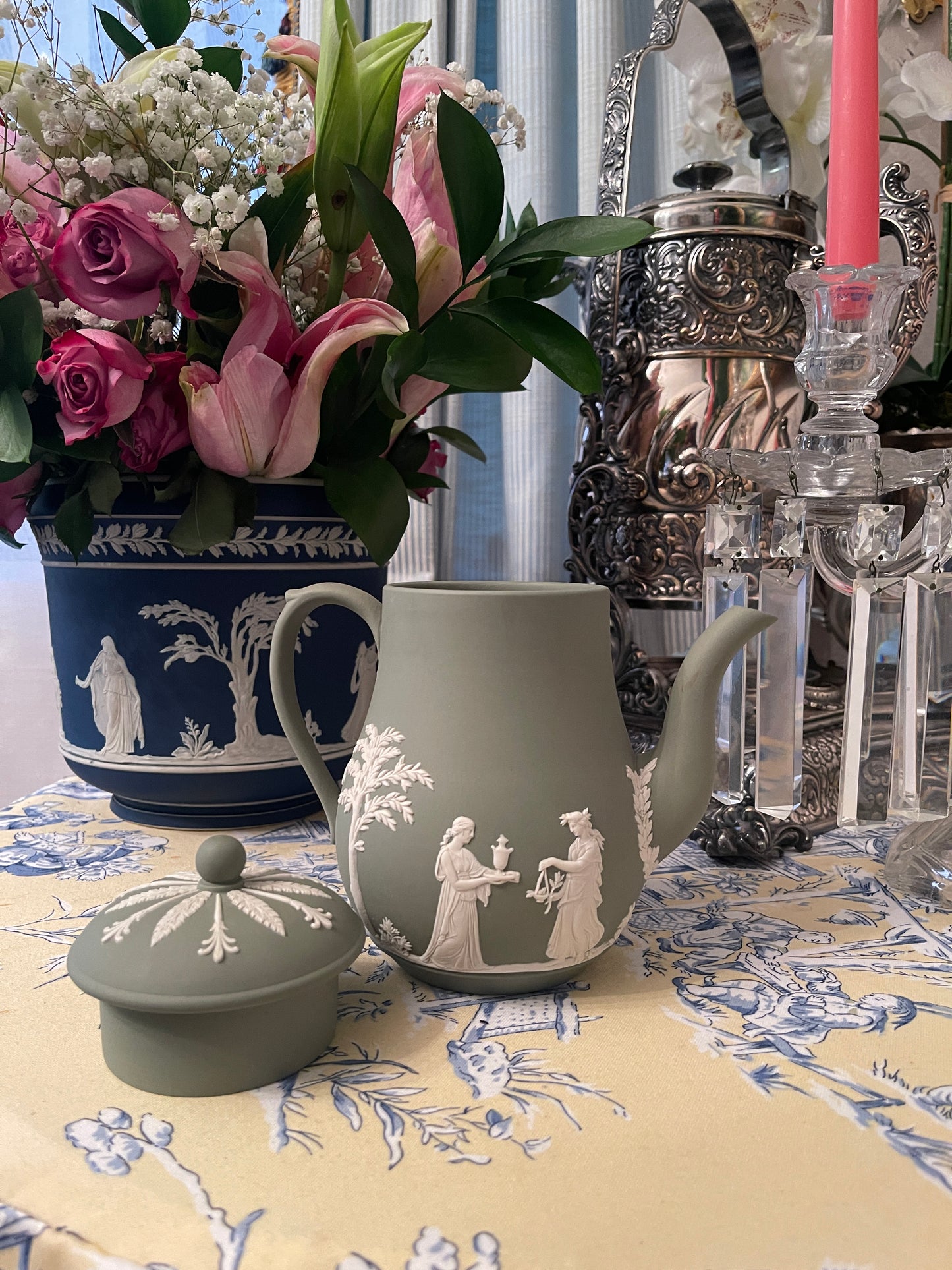 Wedgwood Cream on Sage Jasperware Coffee Pot with Lid, Vintage