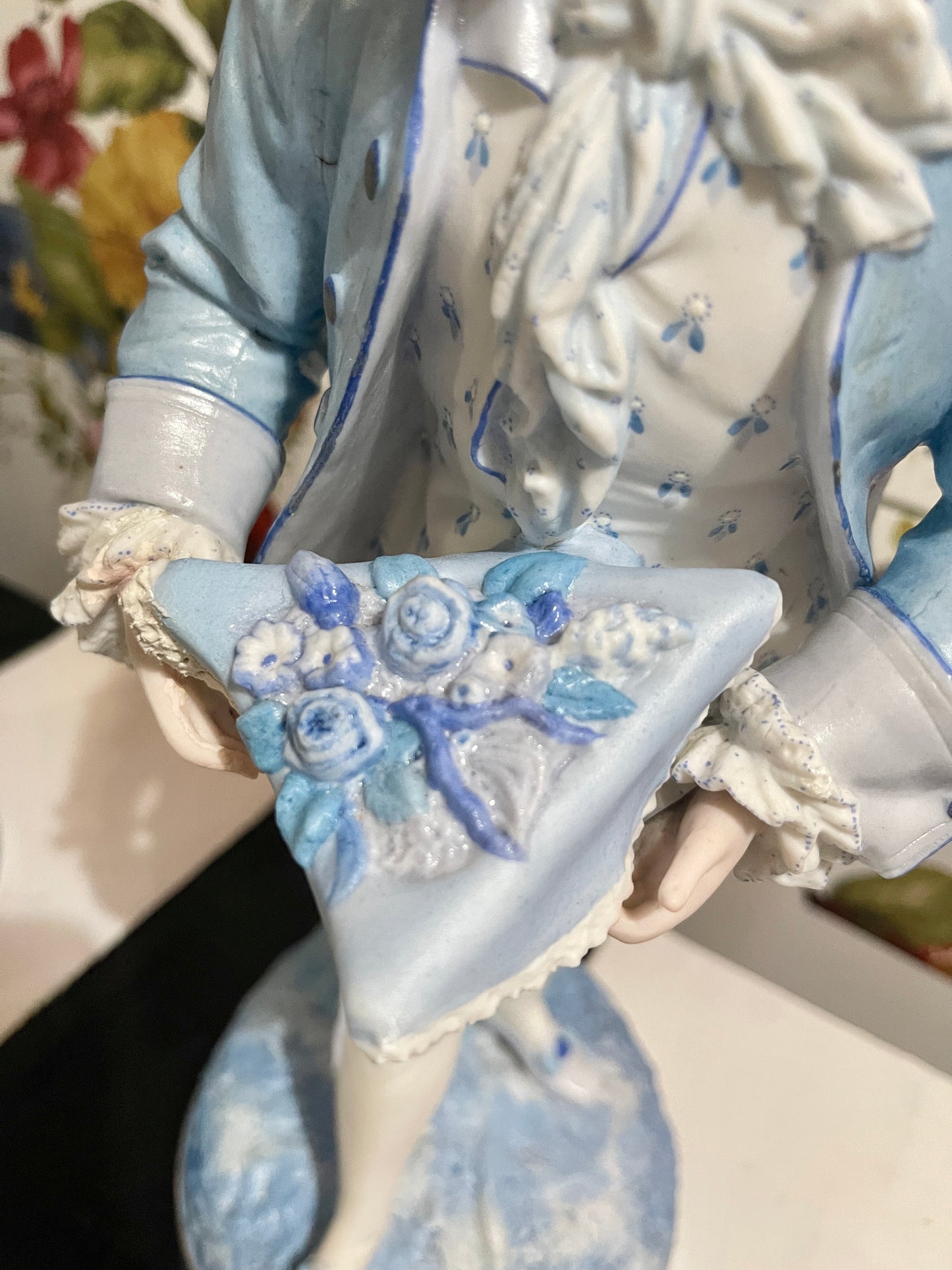 Blue and White French Figural Porcelain Statuettes, European Porcelain Bisque, Hand Painted