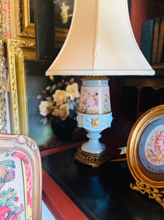 Antique French Sevres Style Porcelain Lamp – Hand-Painted Romantic Scene & Gilt Accents