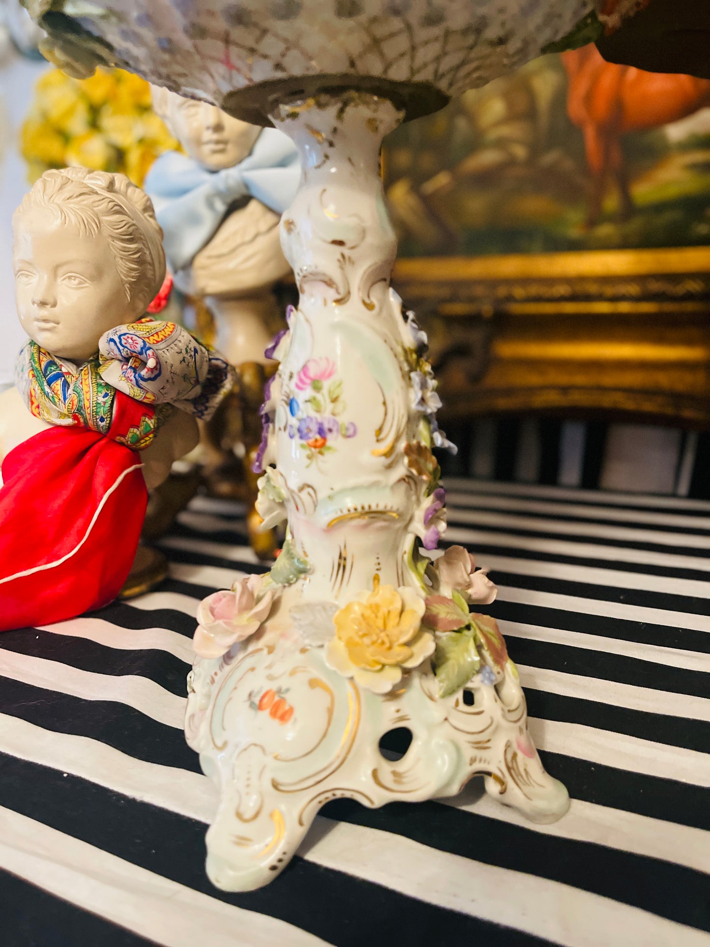 Antique Dresden Footed Reticulated Baroque Compote, Hand Painted Pink Bows and Applied Flowers