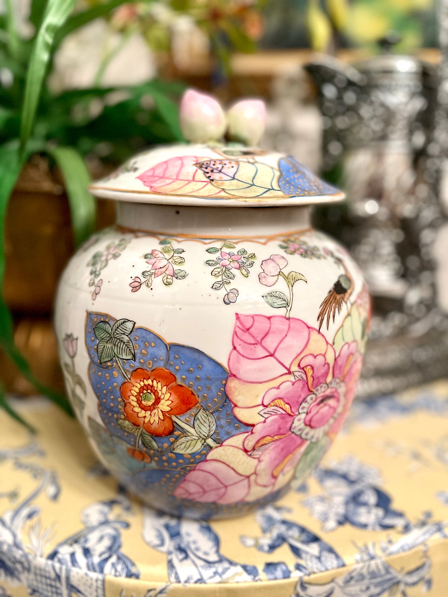 Large Tobacco Leaf Lidded Jar with Applied Fruit and Enamel Foliage