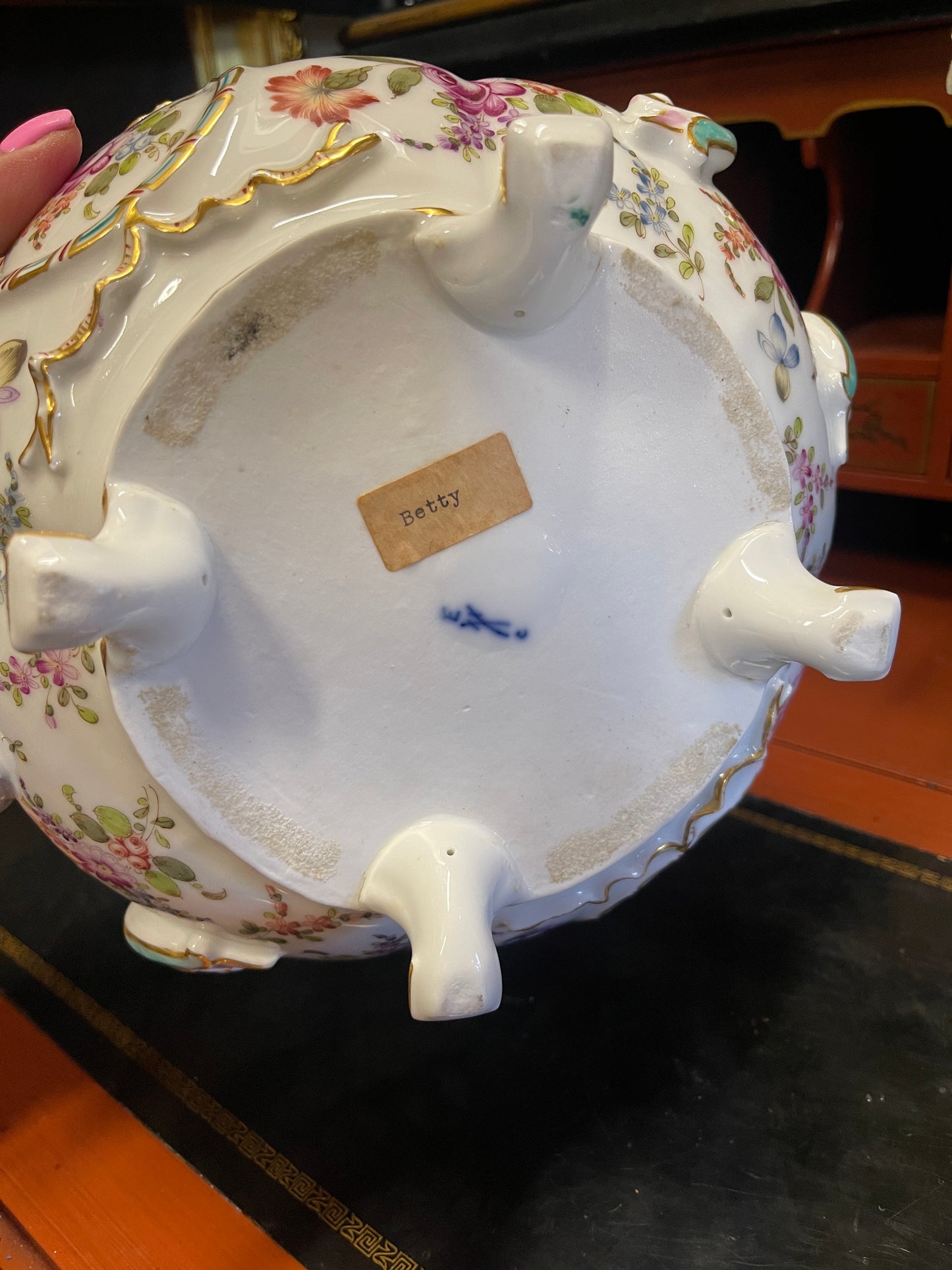 Vintage Meissen Footed Jardinière Bowl | Marked | Hand-Painted Floral Bouquets and Bow with Gilt Detail