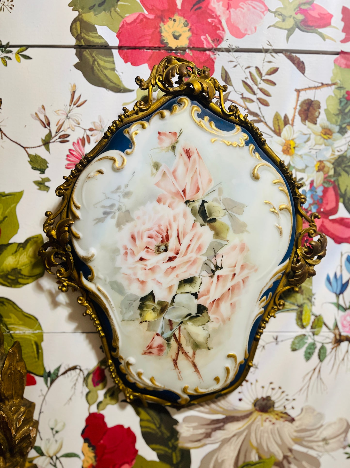 Antique Wave Crest Porcelain Plaque, Pink Roses on Opaque White with Gold Rococo Scrolled Metal Border