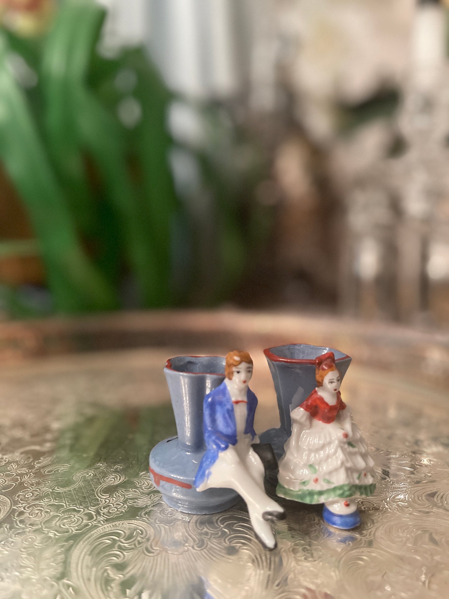 Pair of Petit French figural vases or toothpick holders, Made in Japan