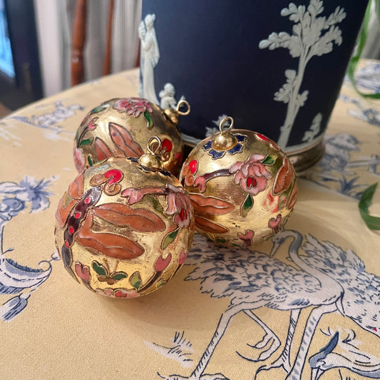Vintage Cloisonne Dragonfly, Butterfly, and Botanicals Ornaments, Set of 3