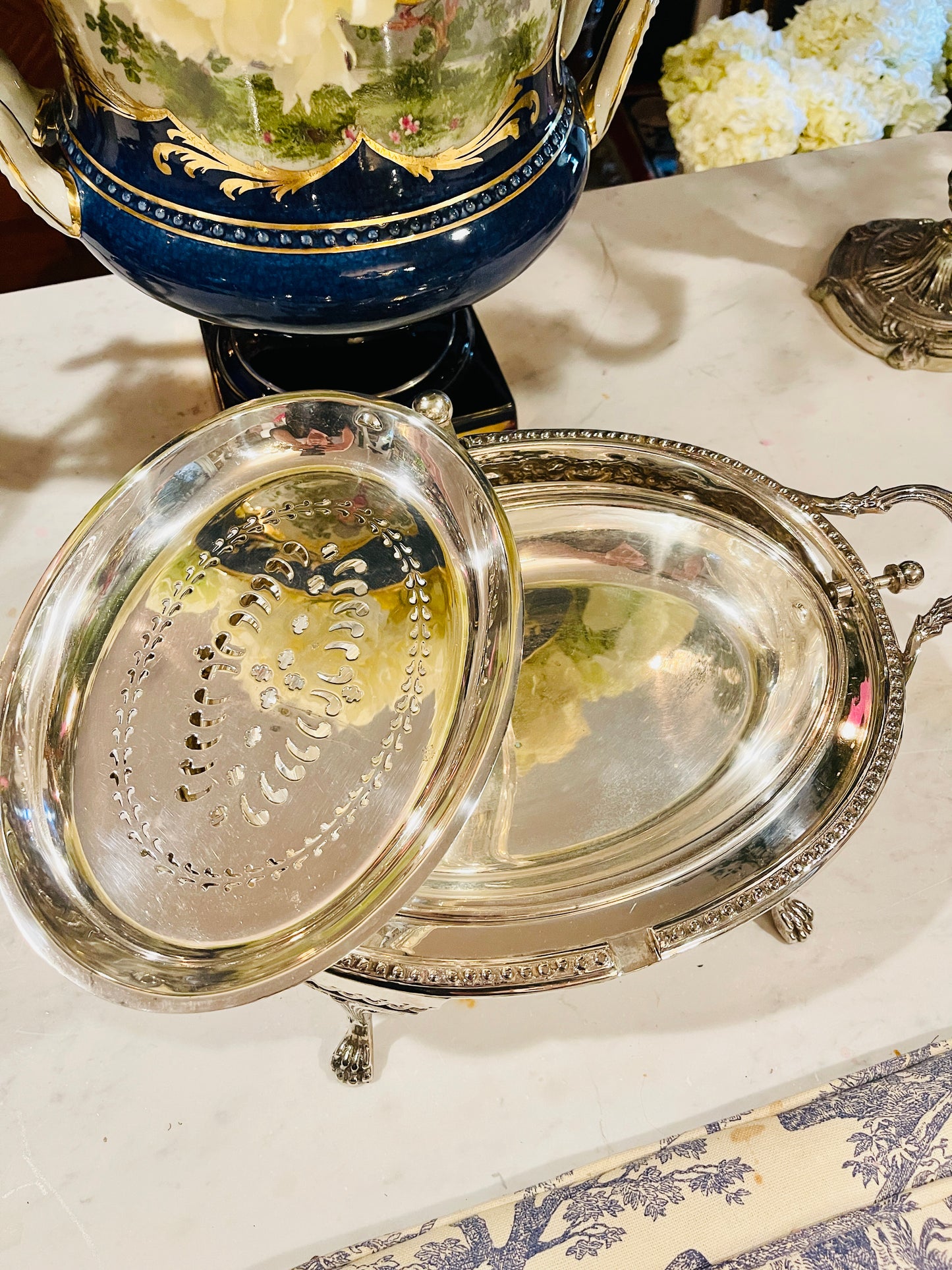 Large Silverplate Roll-Top Entrée Warmer with Claw Feet & Double Inserts