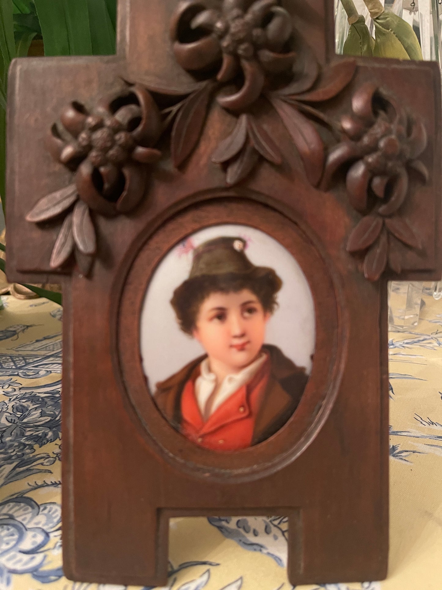 Pair of Antique Porcelain Portraits, Ornate German Black Forest Wood Frame, Black Forest Wood Carved Frame German Antique