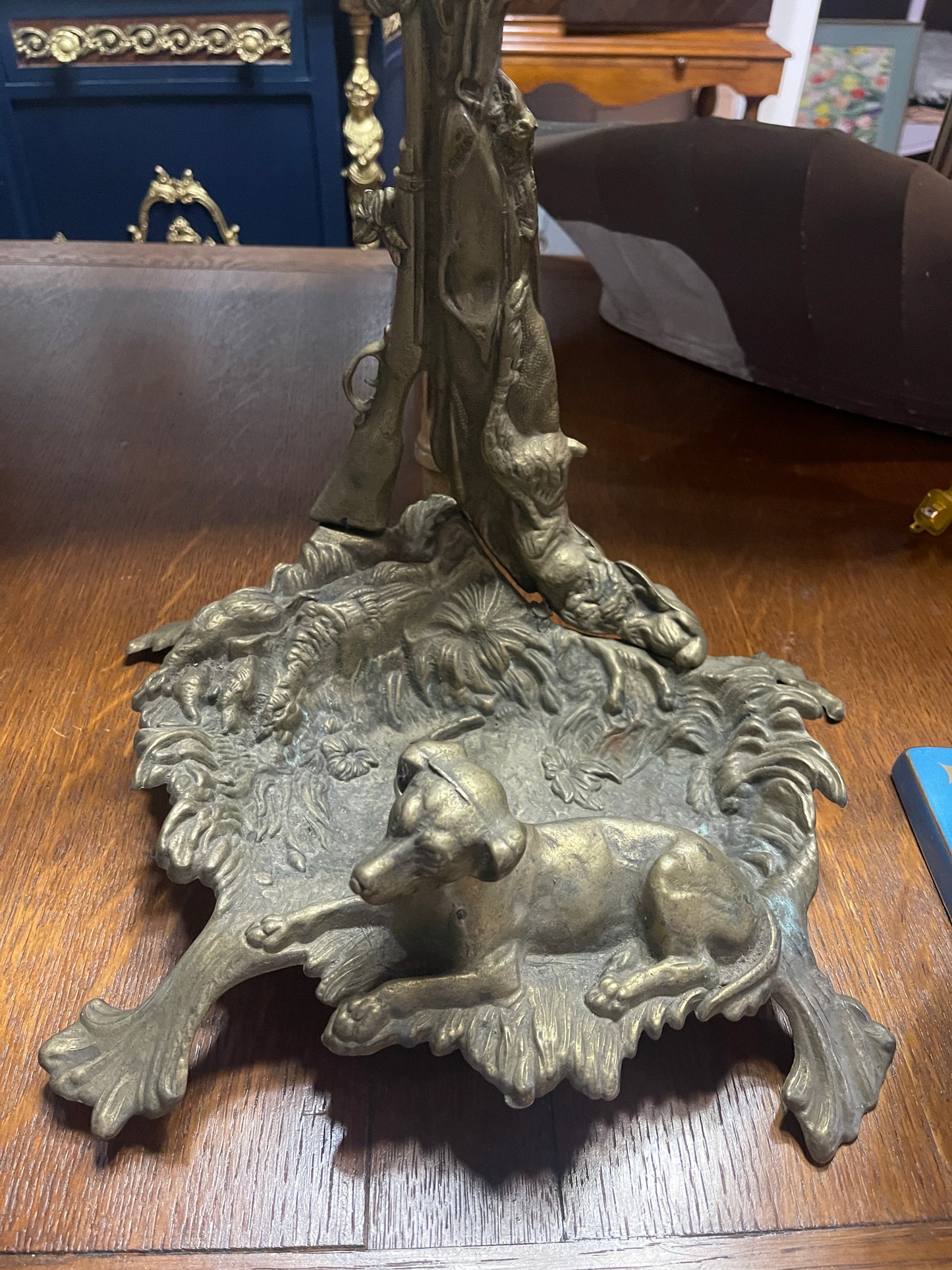 Antique Brass Umbrella Stand – Art Nouveau Hunt Scene with Game Hound, Bugle and Hare