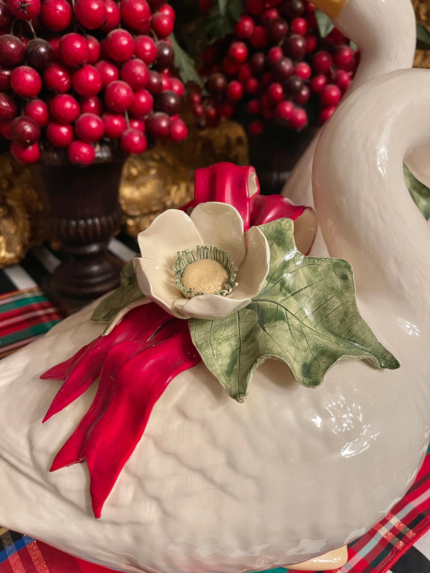 Vintage Christmas Geese with White Flowers and Red Bows, Hand Painted
