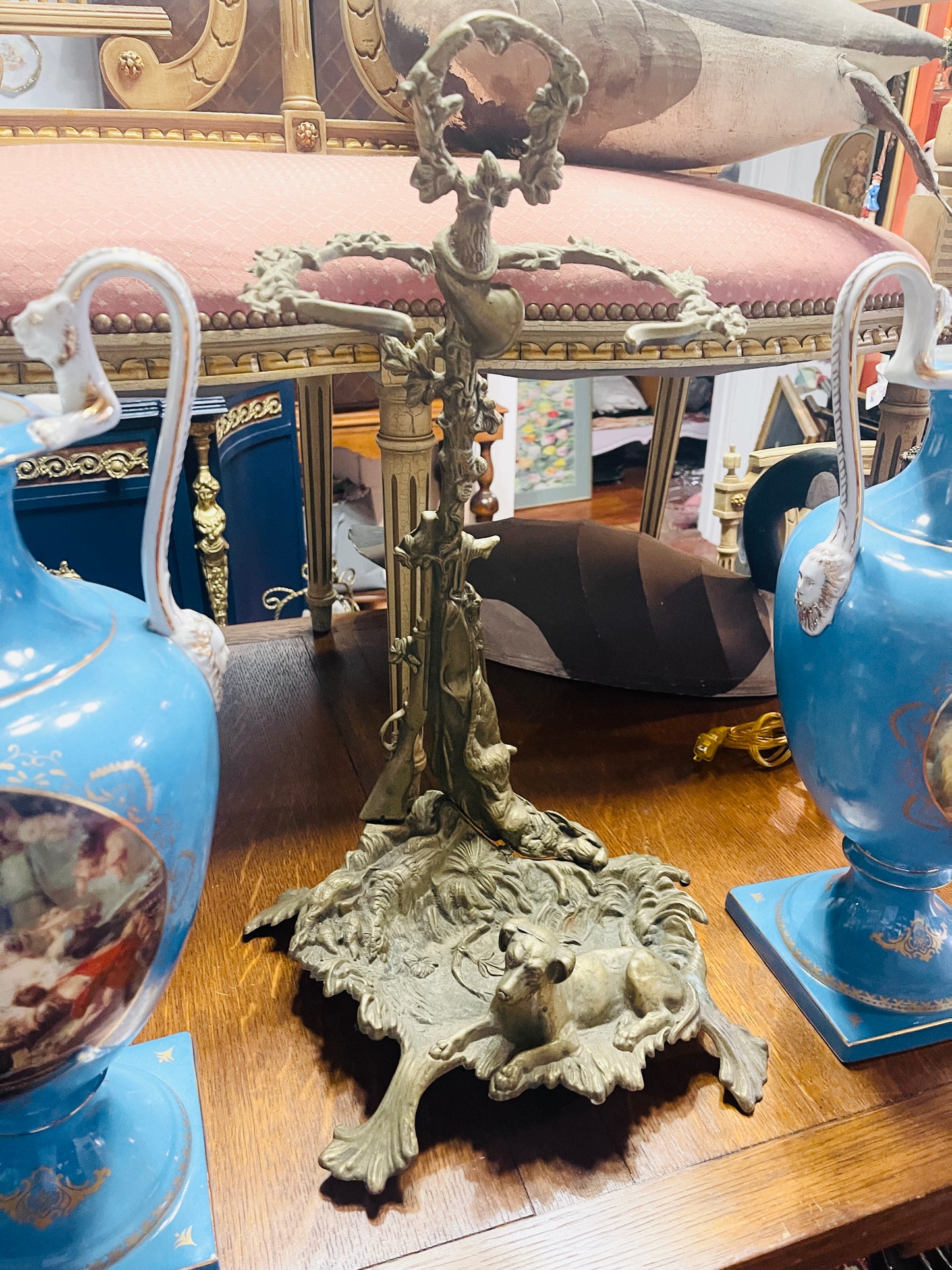 Antique Brass Umbrella Stand – Art Nouveau Hunt Scene with Game Hound, Bugle and Hare