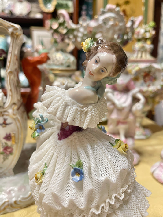 Vintage German Porcelain Lace Ballerina Figurine | Dresden Style Dancer with Applied Flowers