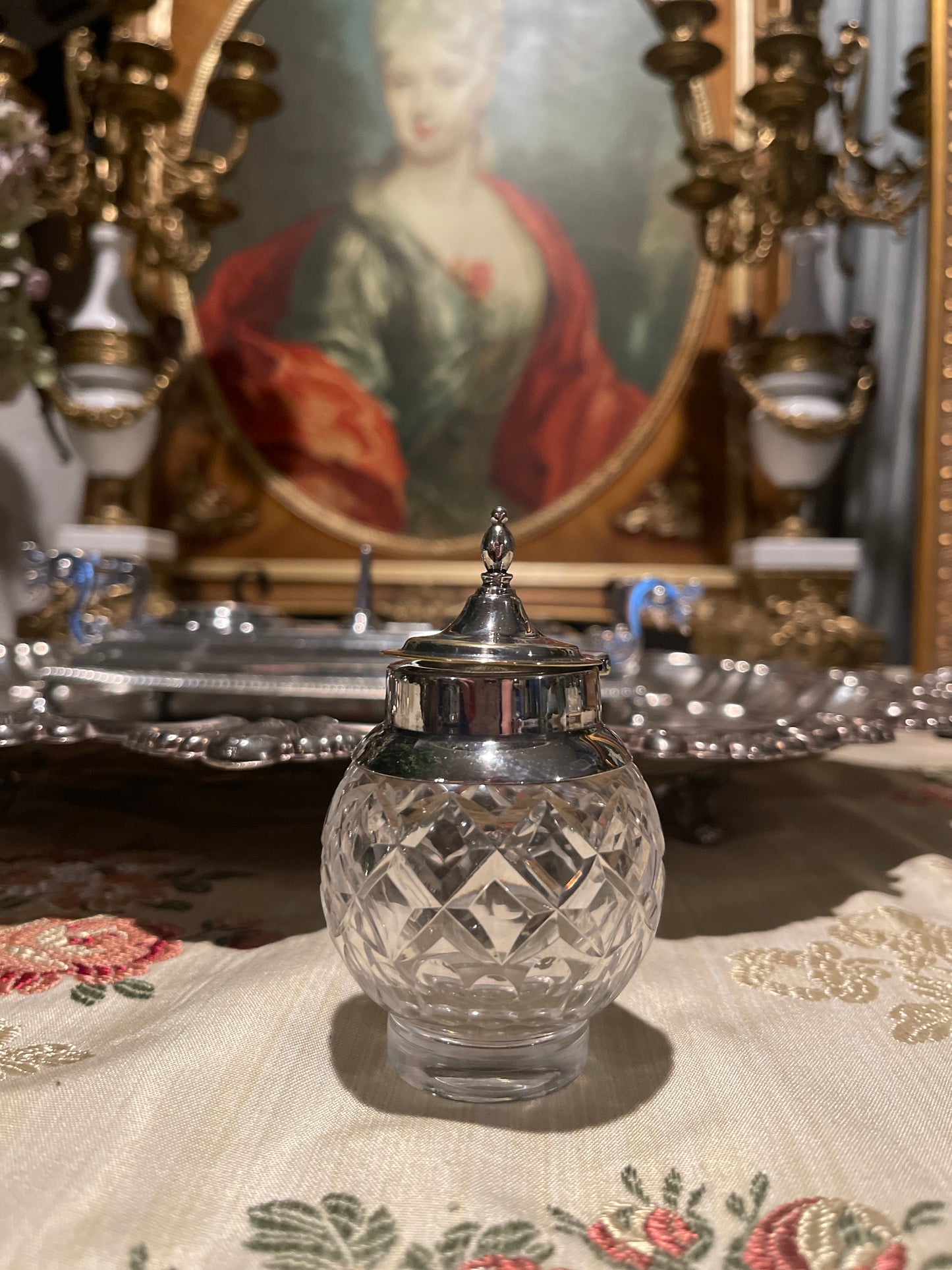 Classic Silver Plate and Cut Crystal Ink Well, Estate Decor