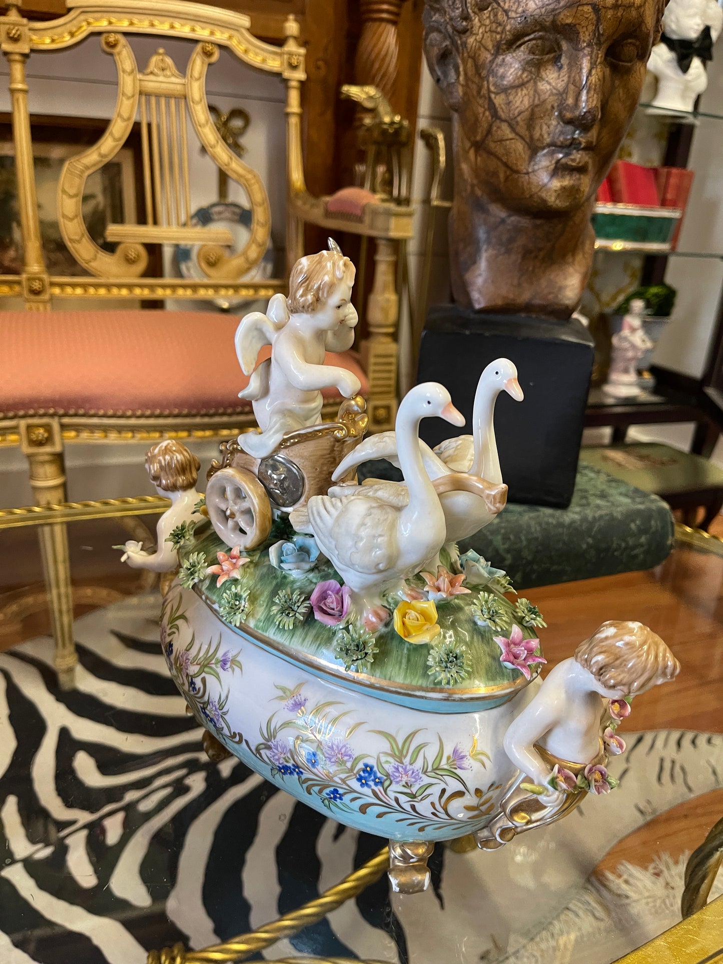 Pair of Vintage Italian Porcelain Cherub Terrines with Swan Chariots