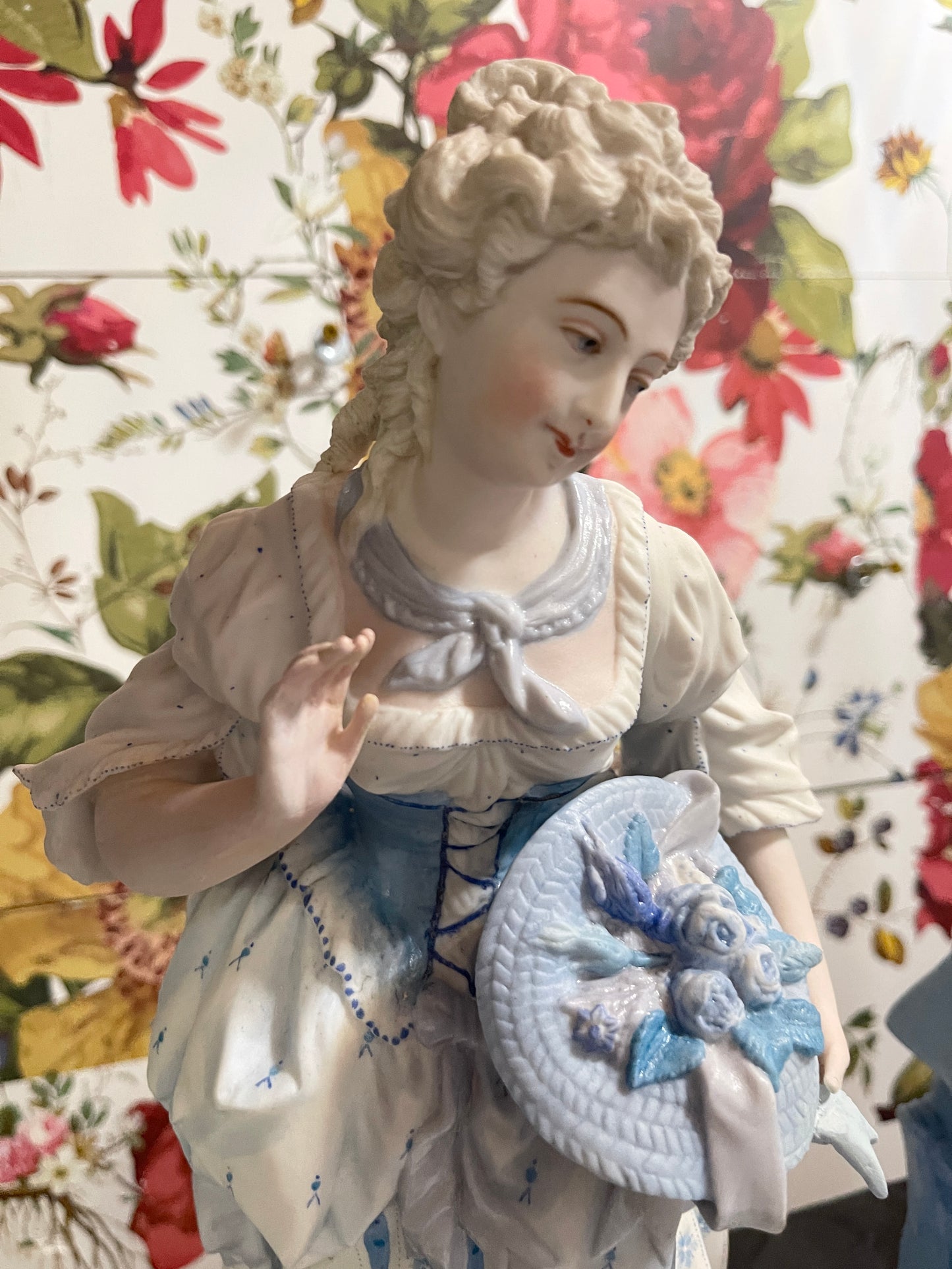 Blue and White French Figural Porcelain Statuettes, European Porcelain Bisque, Hand Painted