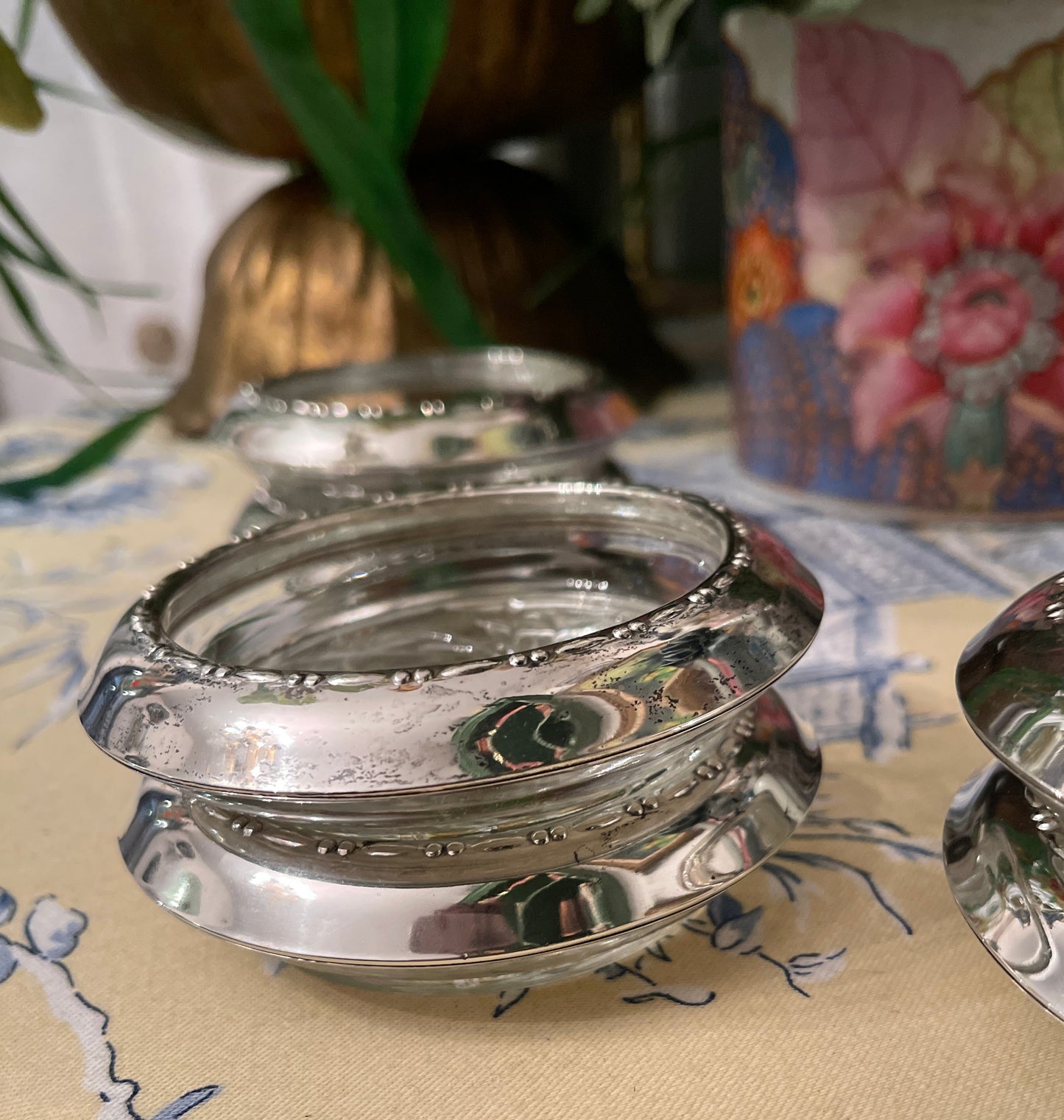 Vintage Sterling Silver and Crystal Georgian Bead by Amston Coaster Set, Set of Six, Southern Estate Decor