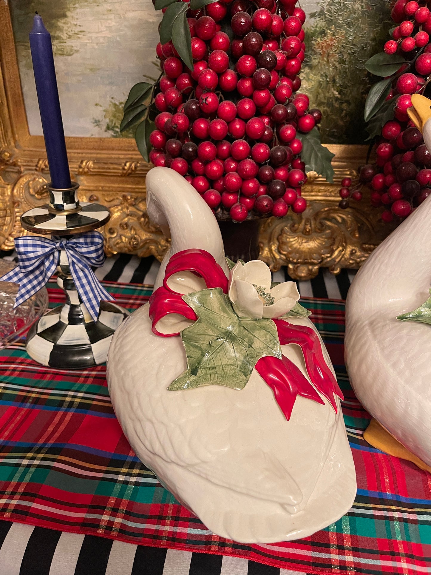 Vintage Christmas Geese with White Flowers and Red Bows, Hand Painted