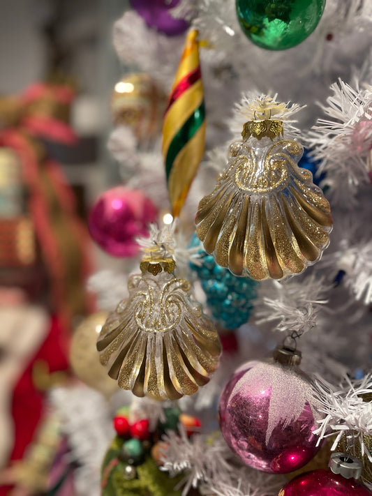 Vintage Glass and Gold Glitter Shell Ornament Pair