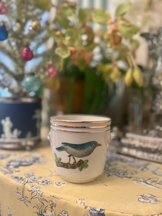Vintage Cachepot with a Blue Bird and Berries, Gold Detail