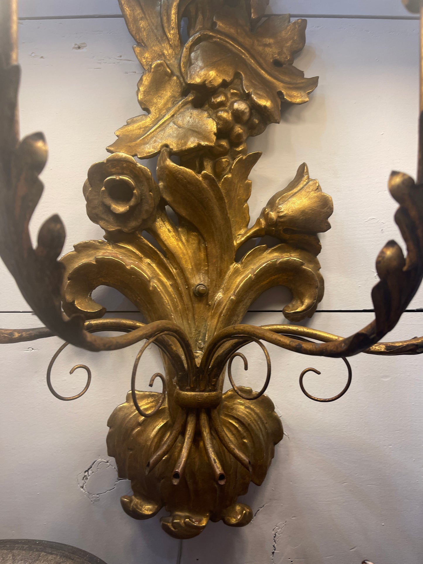 Italian Gilt Wood Wall Sconce, Carved Flowers with Bow, Four Light, Wired