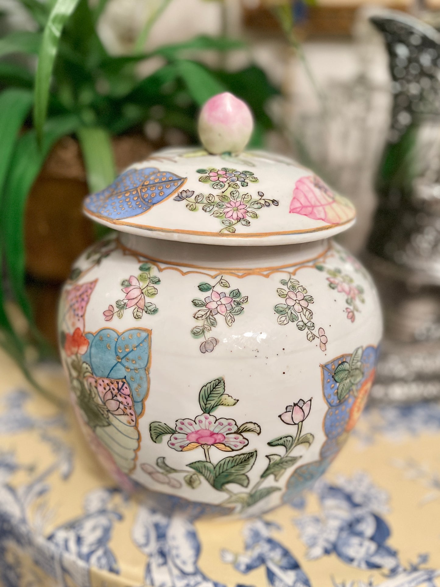 Large Tobacco Leaf Lidded Jar with Applied Fruit and Enamel Foliage