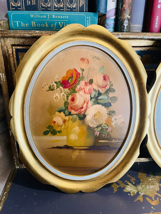 Antique Pair of Floral Still Life Oil Paintings in Oval Gilded Frames – Romantic Floral Bouquets, Signed