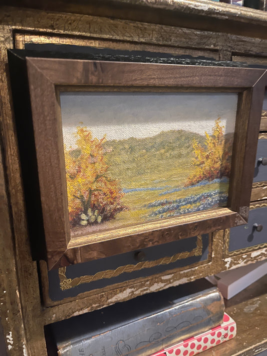 Petit Texas Hill Country Bluebonnet Landscape Painting, Italian Solid Wood Frame