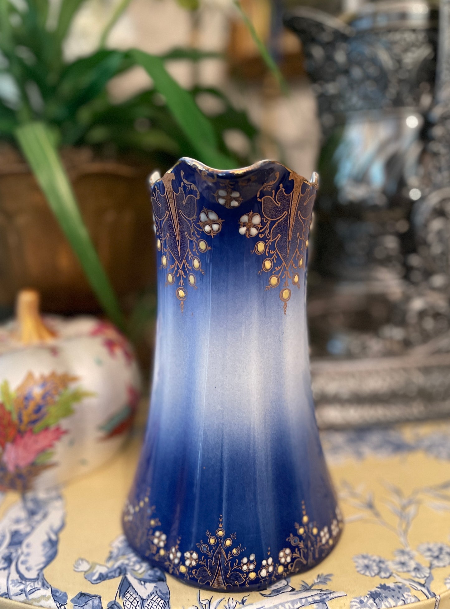 K & G Luneville France Blue, White and Gilt Relief Pitcher