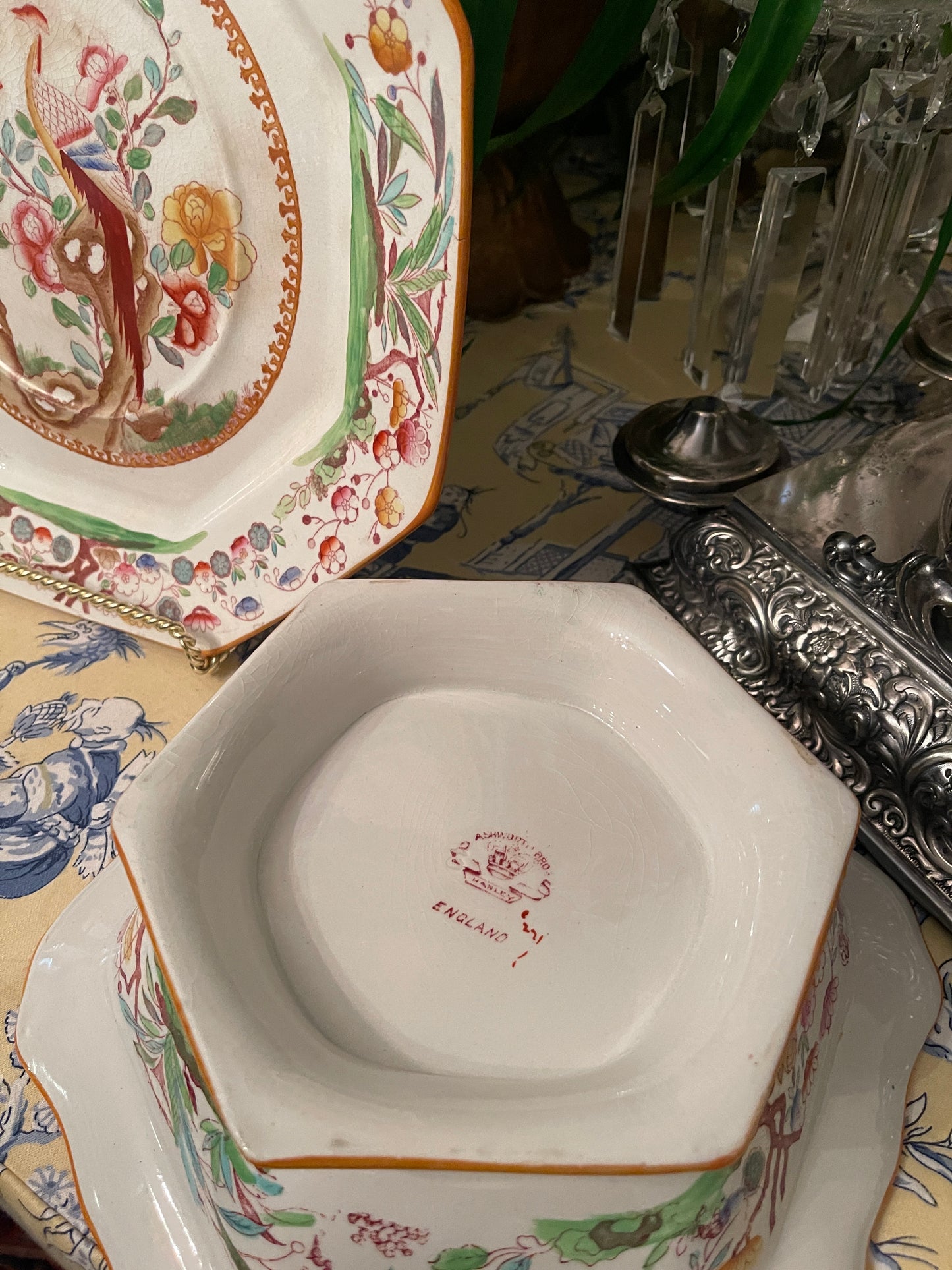 Antique Chinoiserie Birds of
Paradise Lidded Dish and Underplate by Ashworth
Bros. Hanley, Staffordshire England, Mason's Ironstone, Chinoiserie Chic