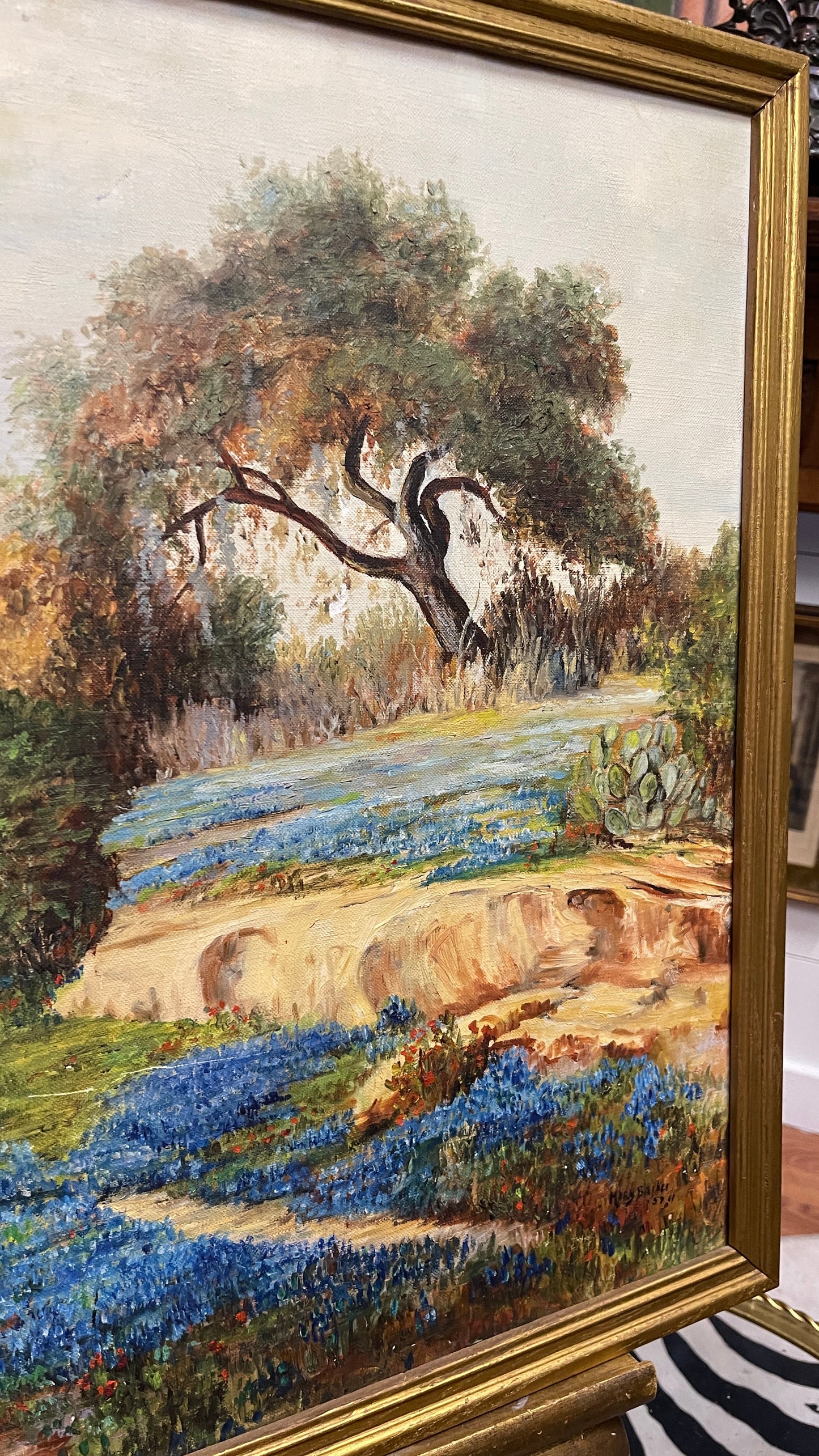 Vintage Original Texas Bluebonnet Landscape Oil Painting | Signed Mary Barker | Dated 1959