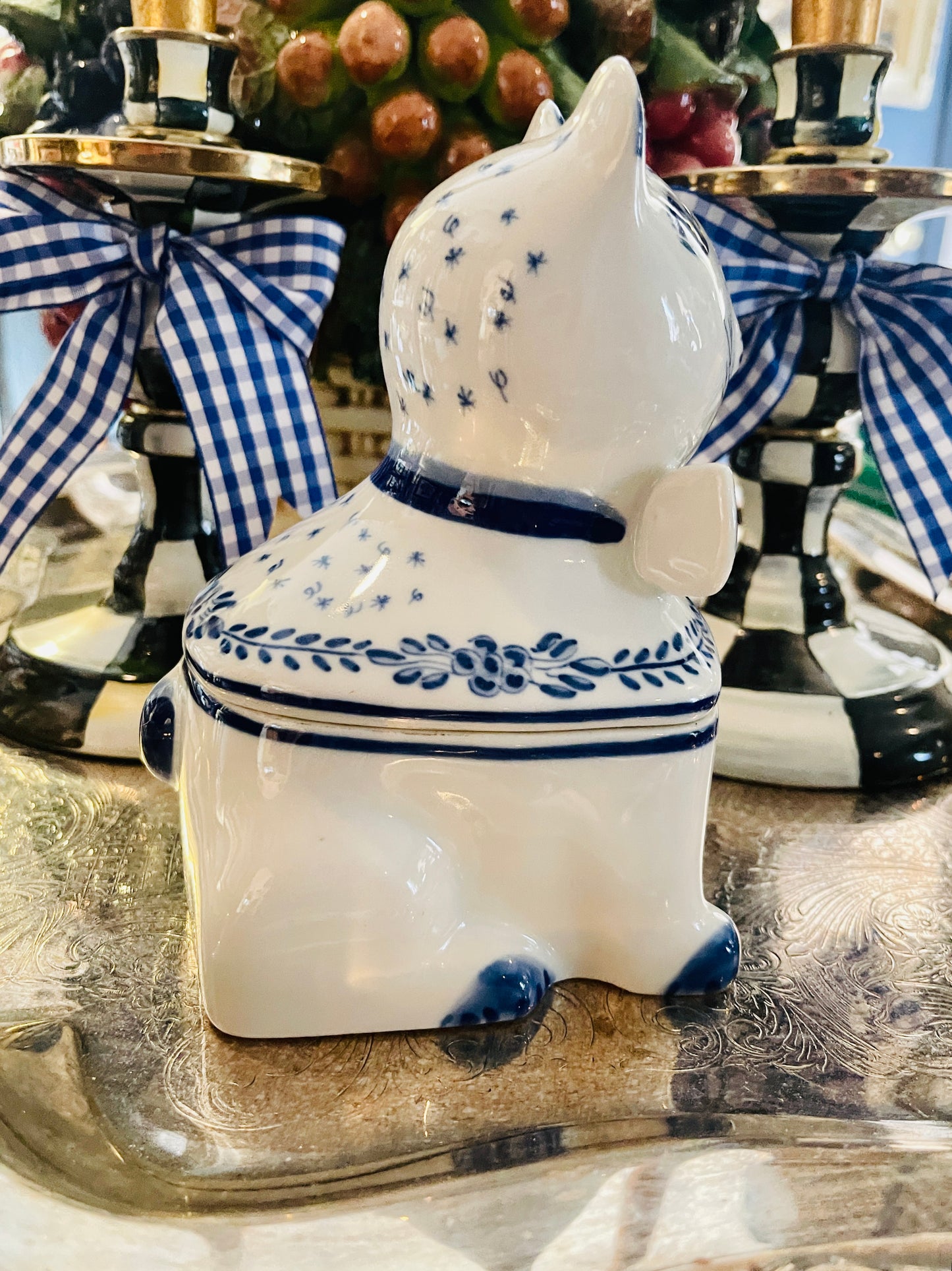 Blue and White Cat with Bow Tie Lidded Dish, Made in Portugal
