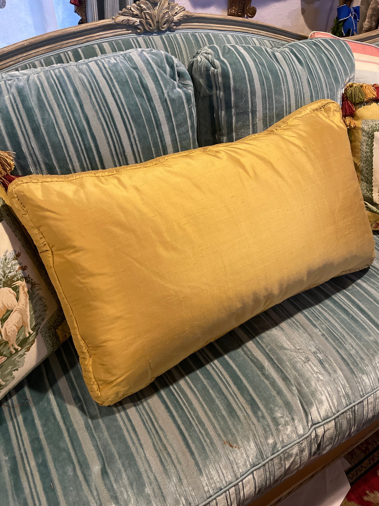 Vintage Musical Needlepoint Pillow with Blue Trim and Shantung Silk