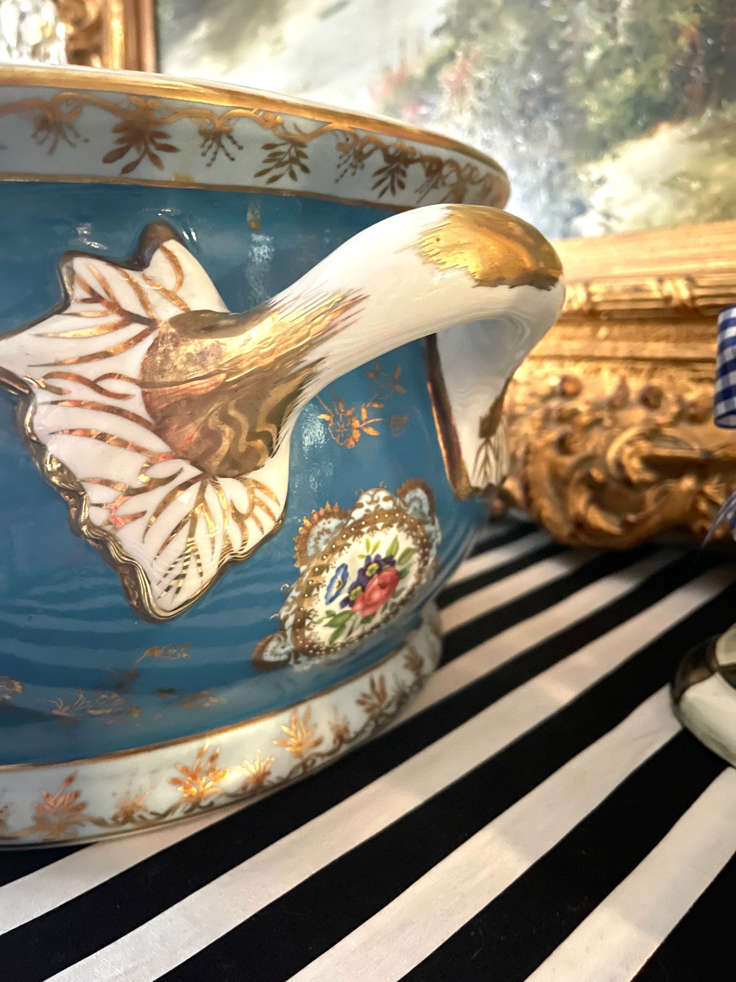 XLarge Porcelain Foot Bath, vibrant blue and white with multi-colored floral medallions and gold accents,