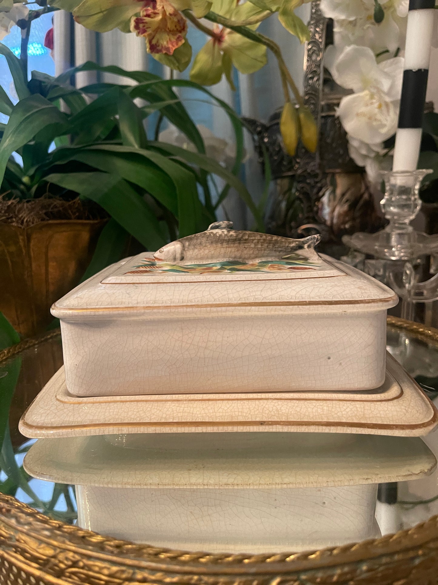 French Porcelain Sardine Box, Antique French Porcelain Sardine Box with Wheat and Fish Motif, Numbered