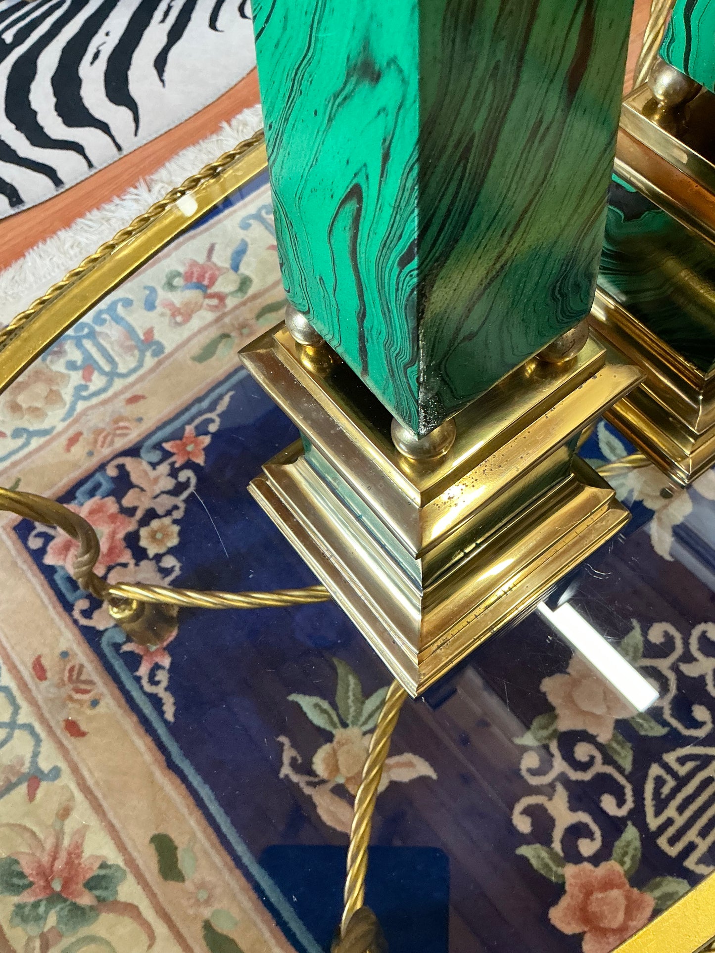 Vintage Faux Malachite and Brass Obelisks Pair