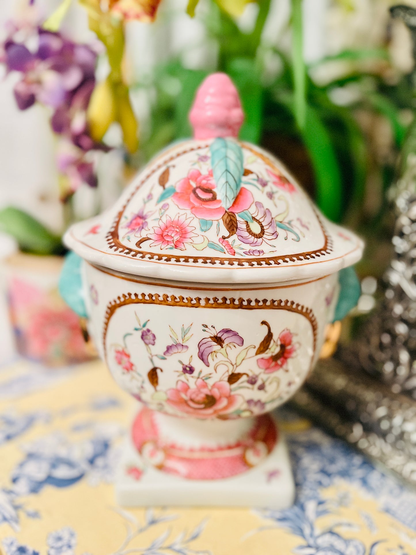 Vintage Pink Chinoiserie Lidded Compote