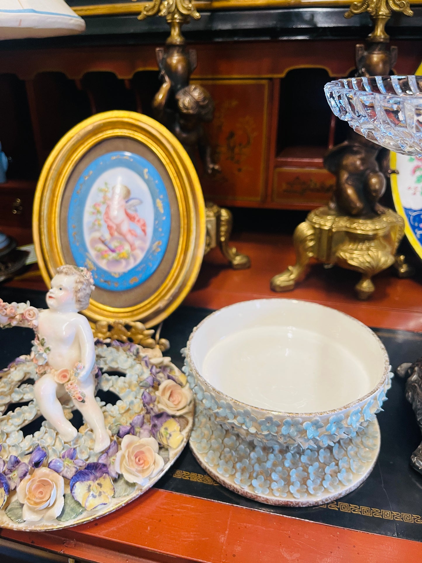Vintage Hobe Dresden Porcelain Flower Frog with Cherub & Hand-Applied Florals, Imported by Neiman Marcus, ca. 1950s
