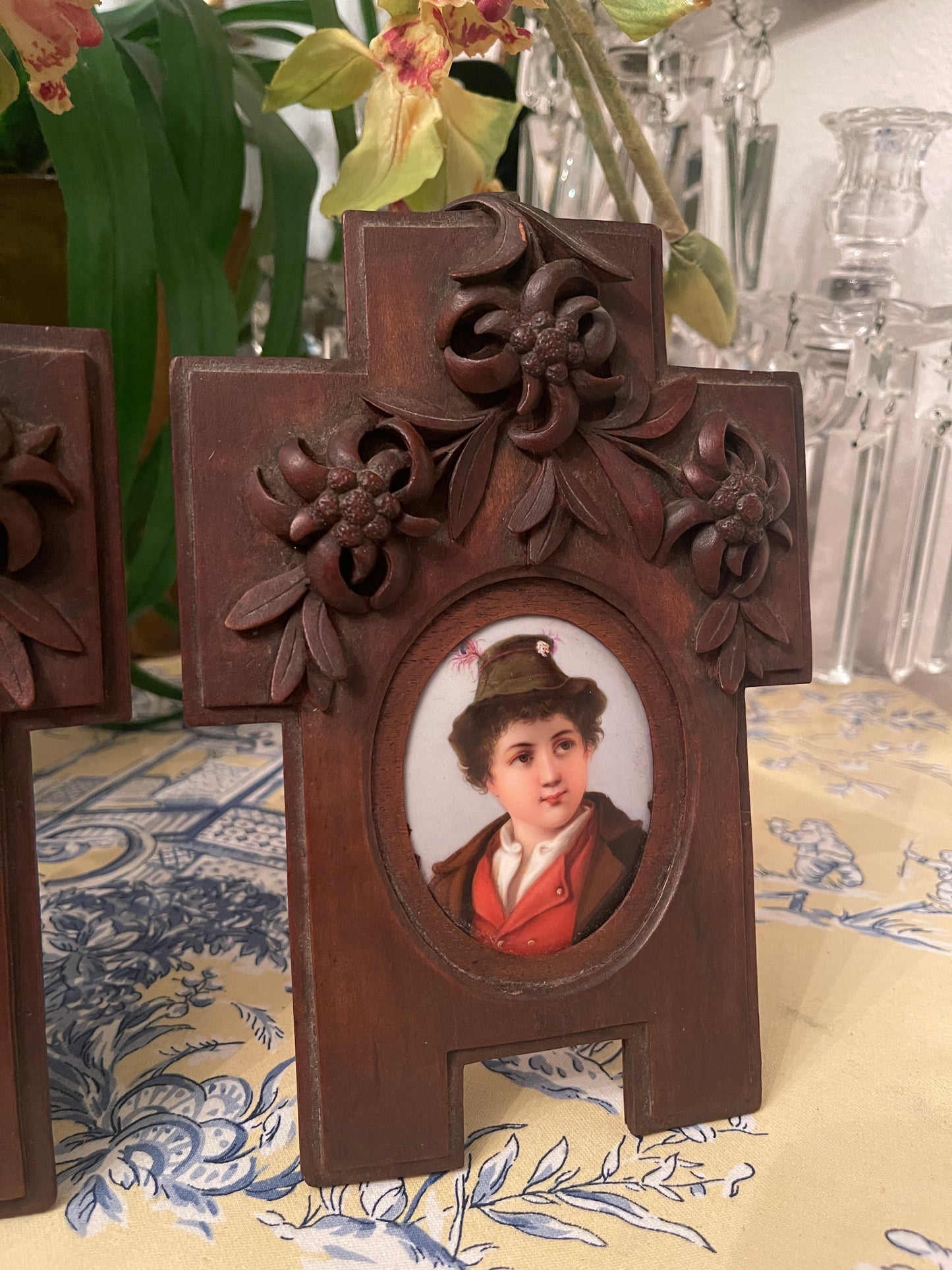 Pair of Antique Porcelain Portraits, Ornate German Black Forest Wood Frame, Black Forest Wood Carved Frame German Antique