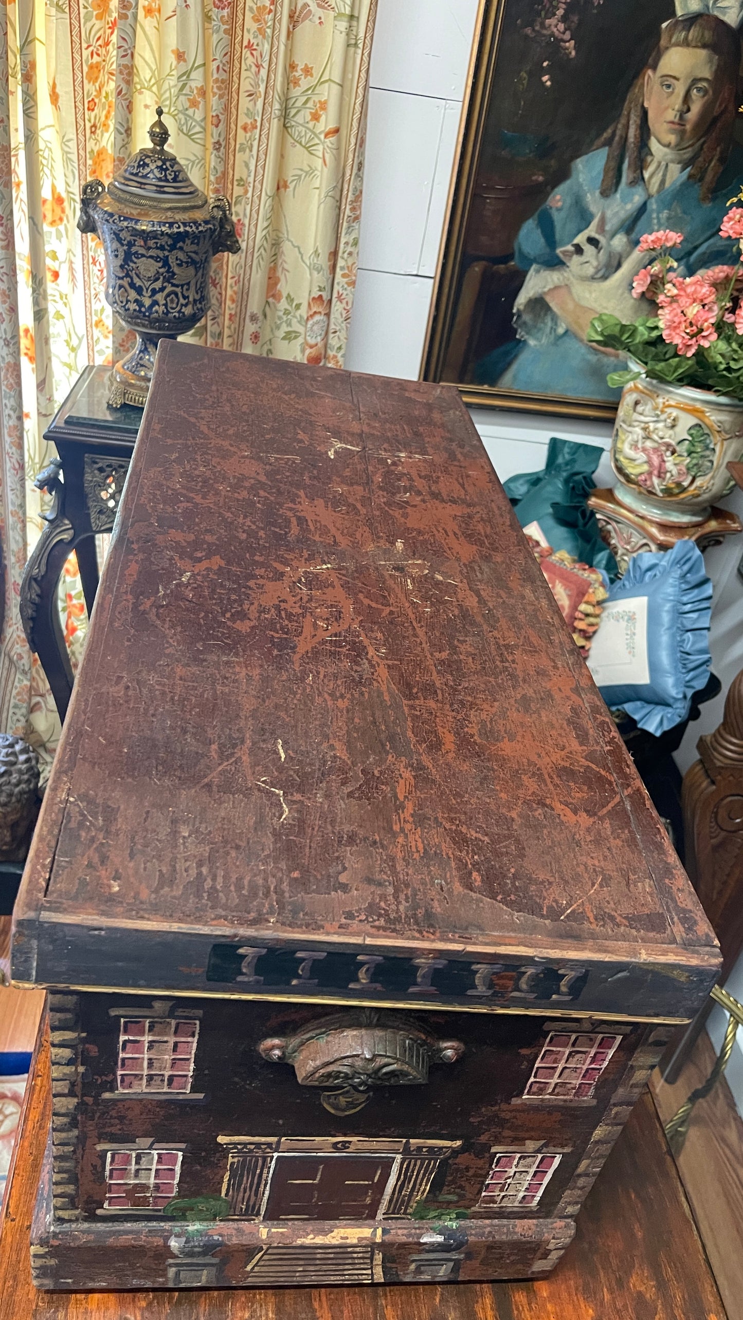 ENGLISH PAINT-DECORATED HOUSE FACADE PINE BLANKET BOX / STORAGE CHEST