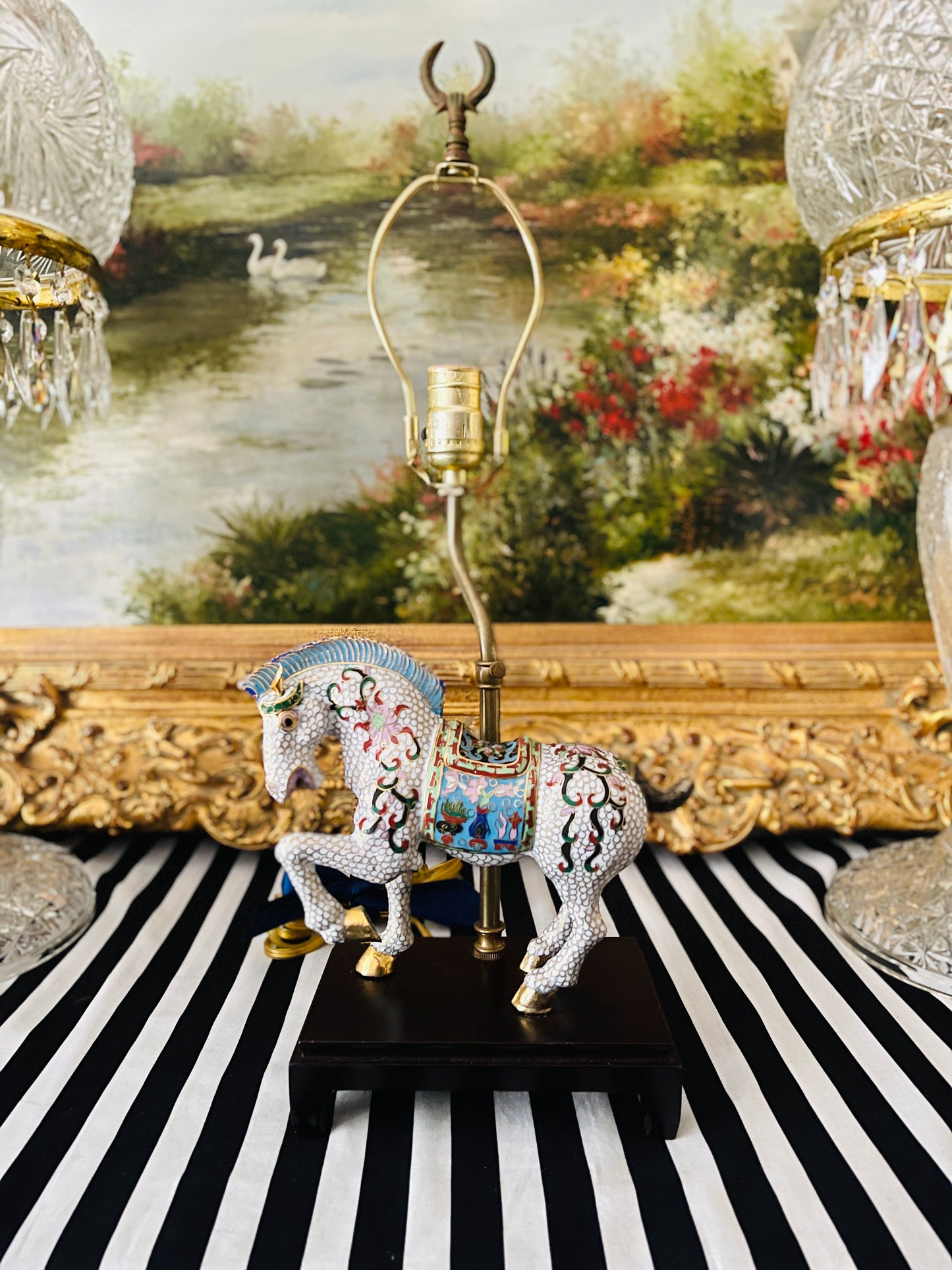 multi colored cloisonne horse lamp