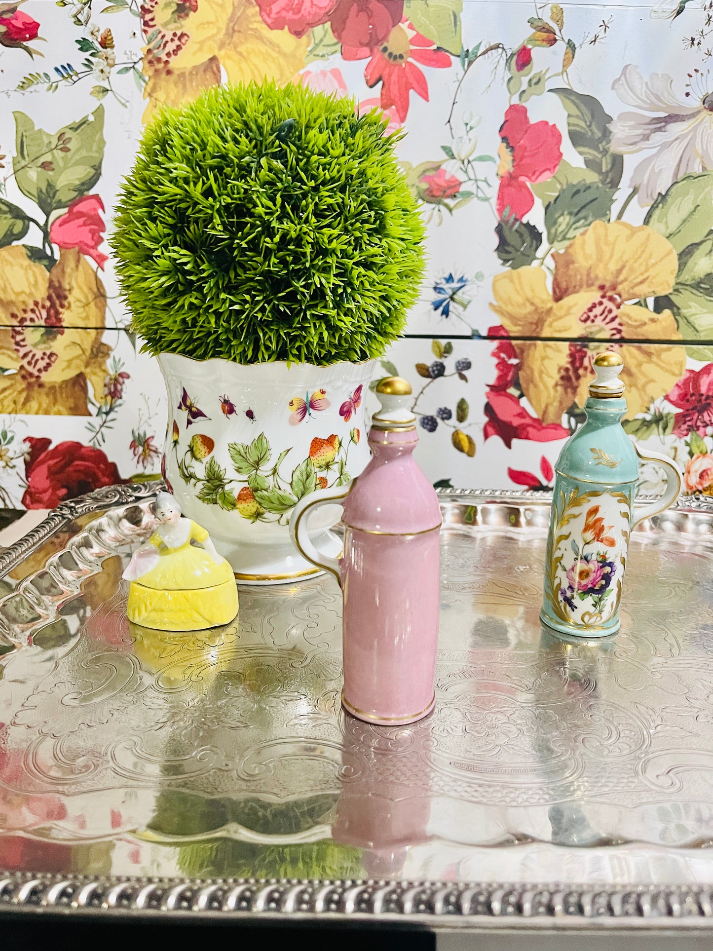 French Orlik Pink Perfume Bottle with Hand Painted Flowers and Gilt Detail