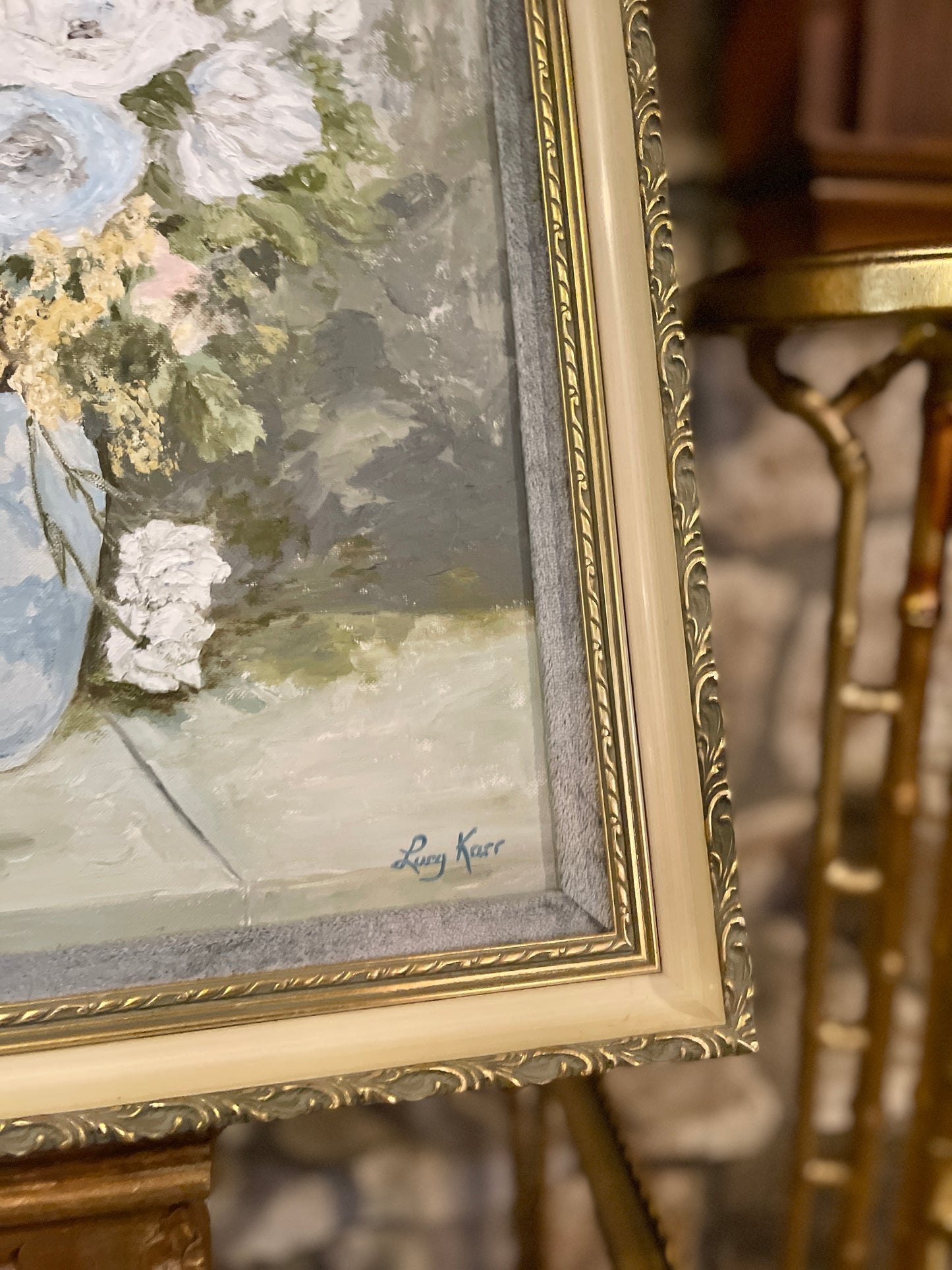 Vintage Painting of vased Flowers in Pink, Blue, White and Yellow
