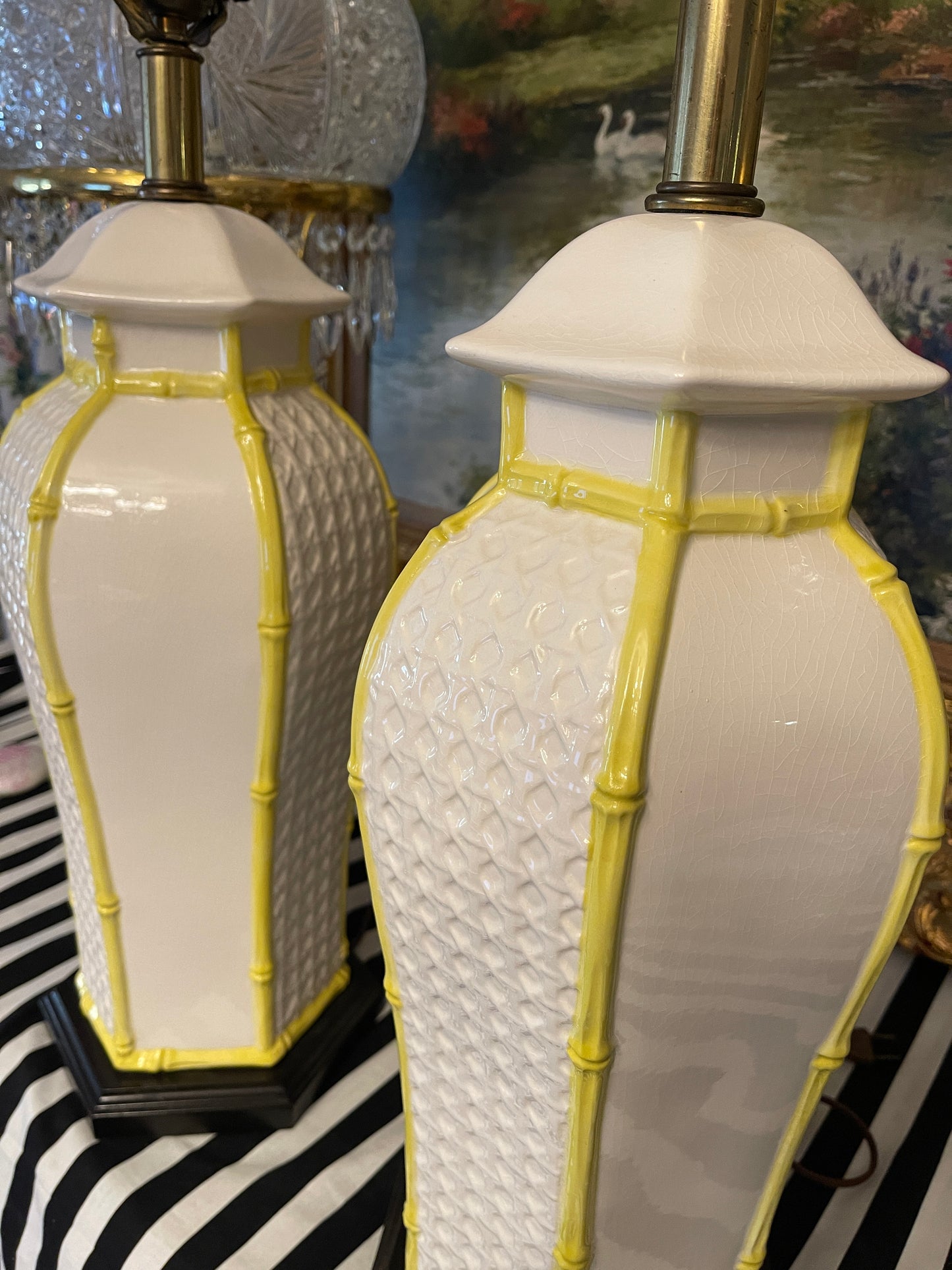 Vintage Frederick Copper Palm Beach Chic Chinoiserie Pagoda Bamboo Style Lamps, Yellow and White, Pair