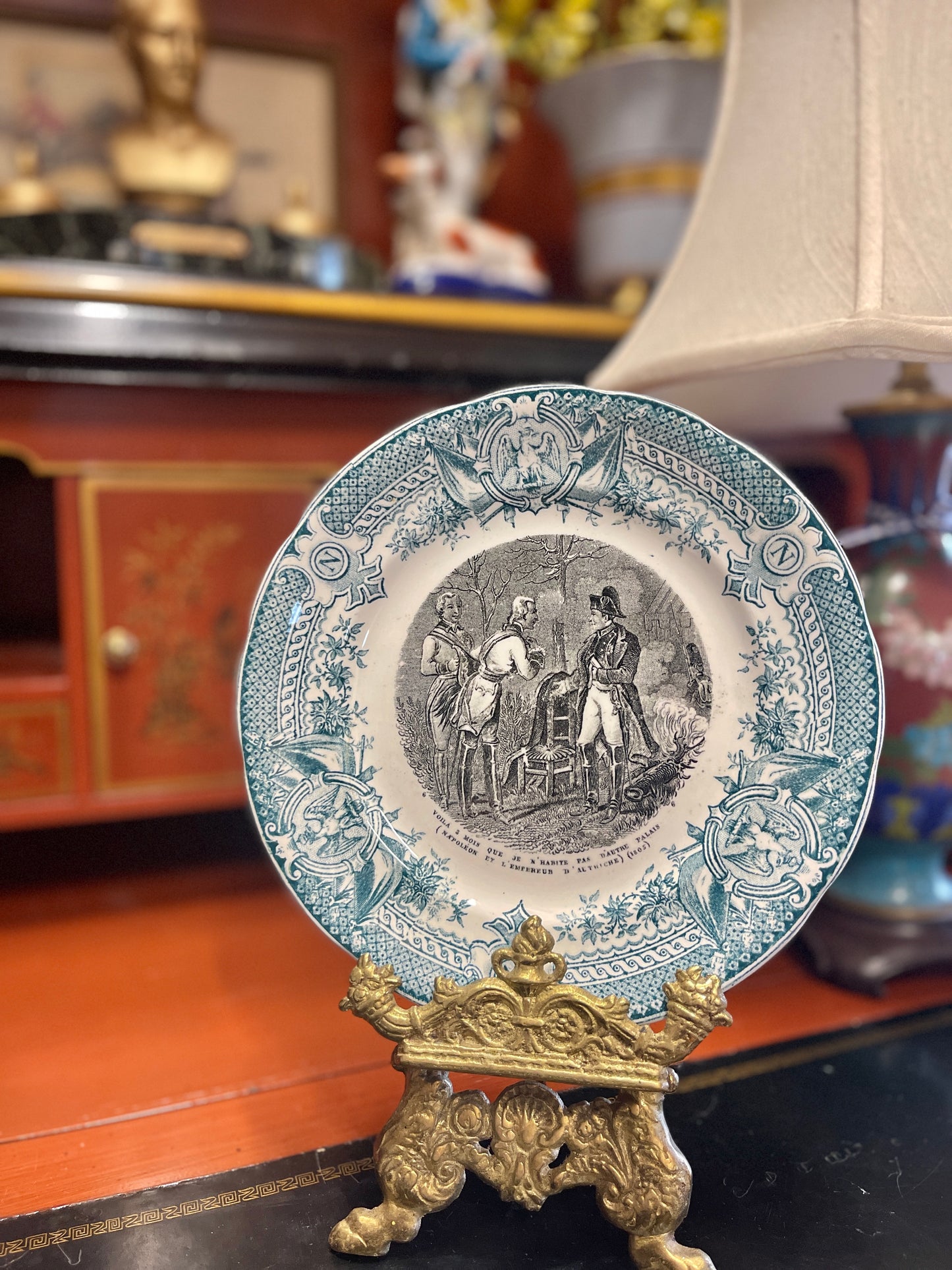 Sarreguemines Napoleon Voila 3 Mois Plate - 19th Century Antique French Digoin & Sarreguemines Teal & Black Napoleon Dessert Plate