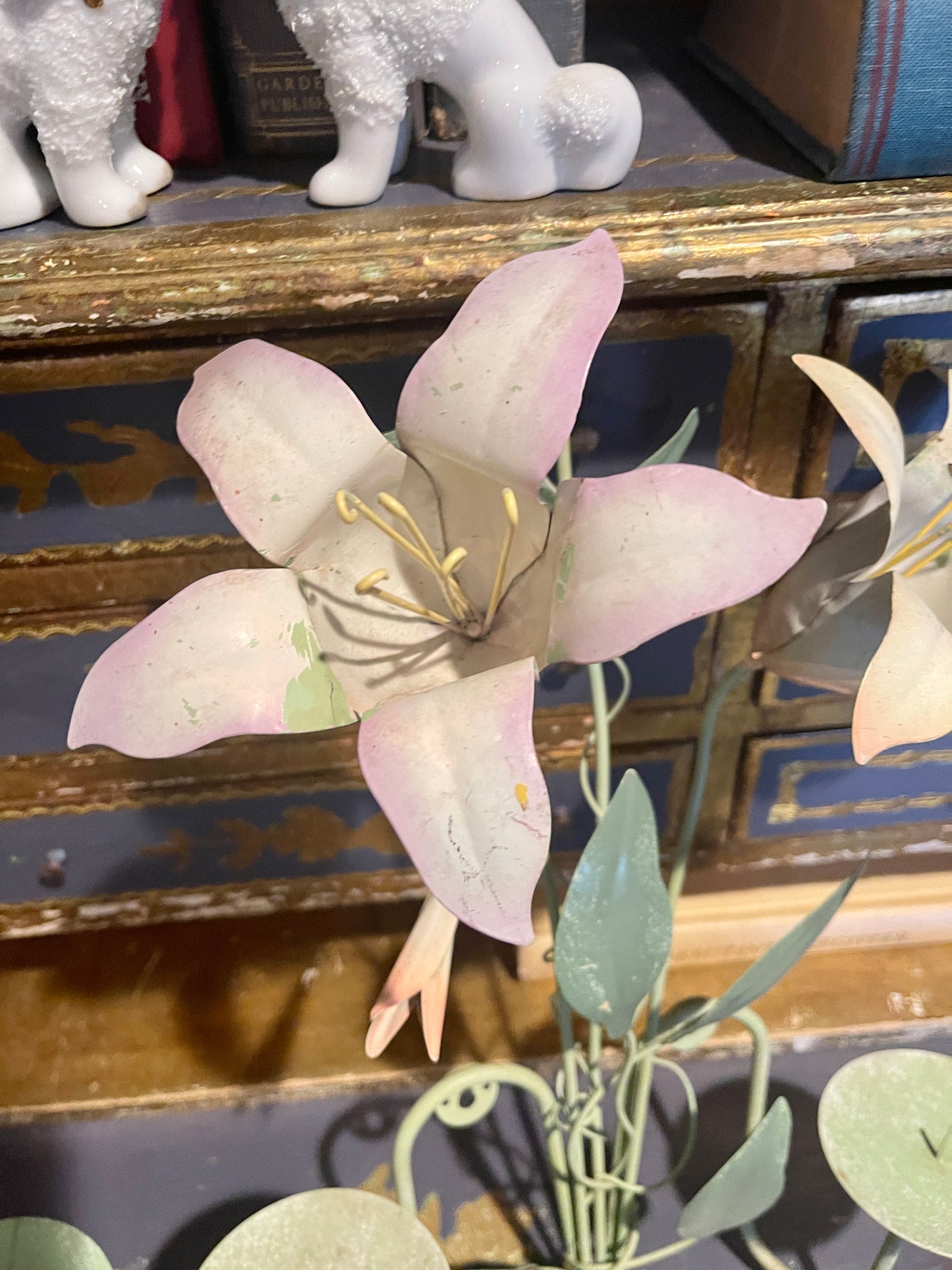 Vintage Tole Pink and Green Lily Candle Sconces, Pair, Chippy Paint, Cottage Chic